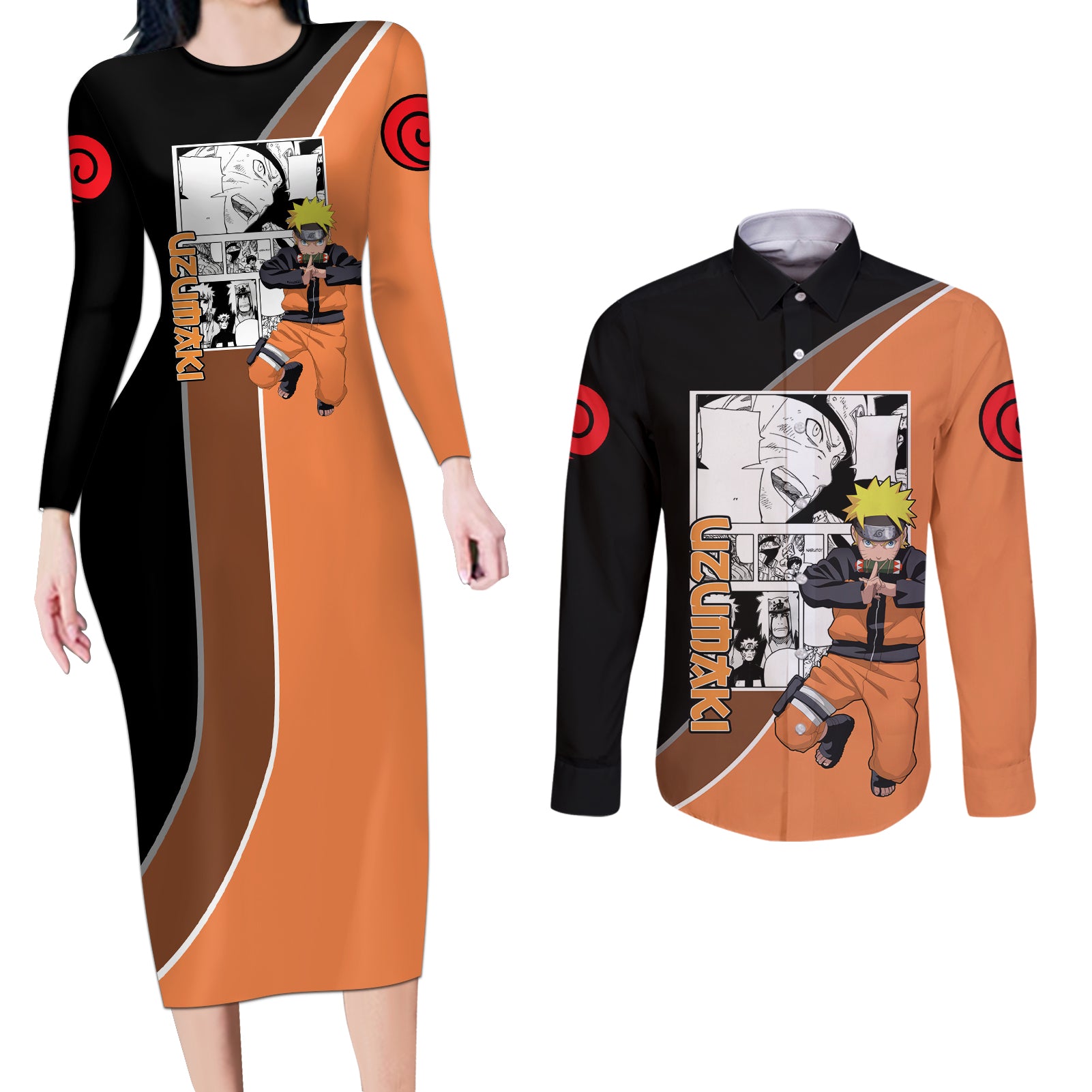 Nrt Uzumaki - Naruto Couples Matching Long Sleeve Bodycon Dress and Long Sleeve Button Shirt Anime Mix Manga Style