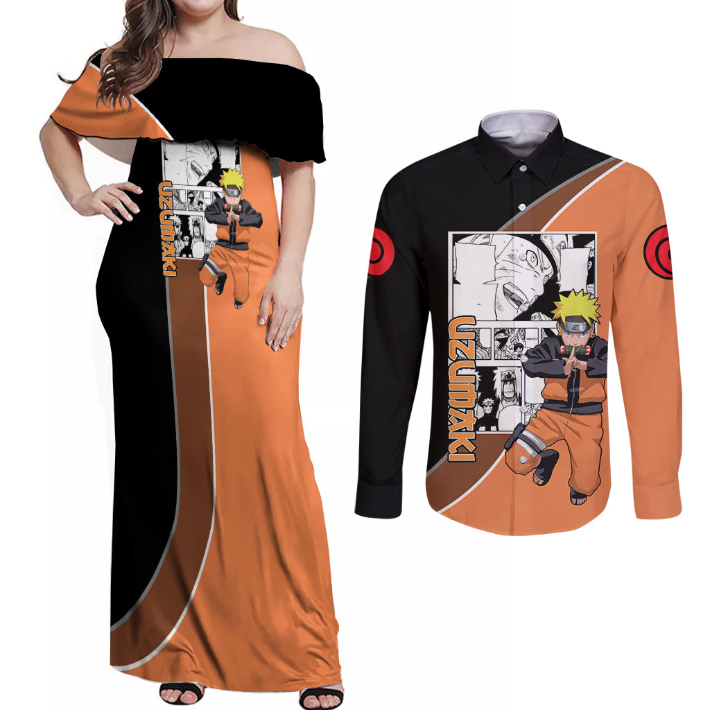 Nrt Uzumaki - Naruto Couples Matching Off Shoulder Maxi Dress and Long Sleeve Button Shirt Anime Mix Manga Style