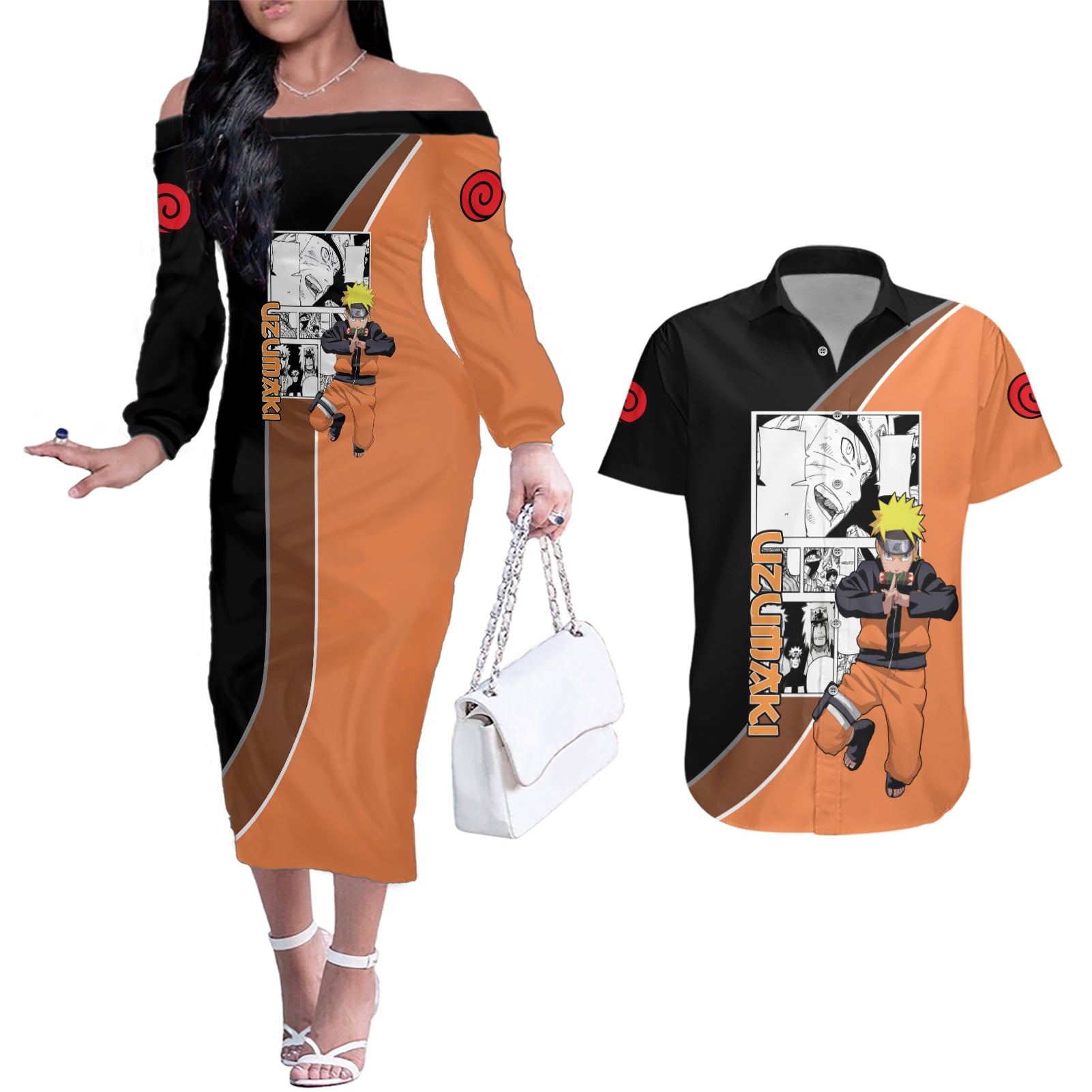 Nrt Uzumaki - Naruto Couples Matching Off The Shoulder Long Sleeve Dress and Hawaiian Shirt Anime Mix Manga Style