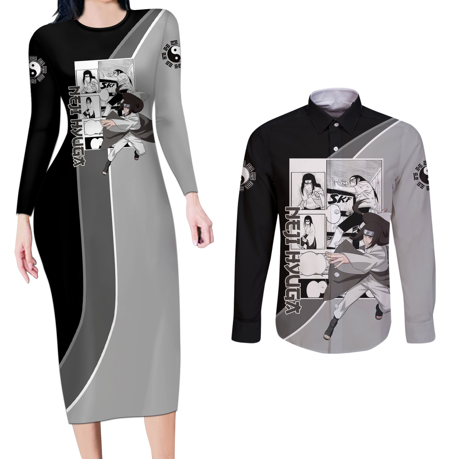 Neji Hyuga - Naruto Couples Matching Long Sleeve Bodycon Dress and Long Sleeve Button Shirt Anime Mix Manga Style