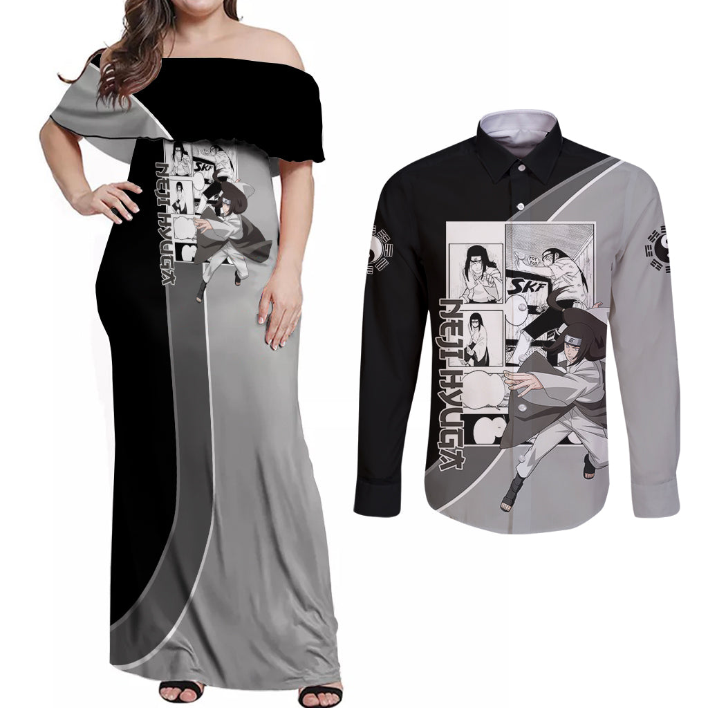 Neji Hyuga - Naruto Couples Matching Off Shoulder Maxi Dress and Long Sleeve Button Shirt Anime Mix Manga Style