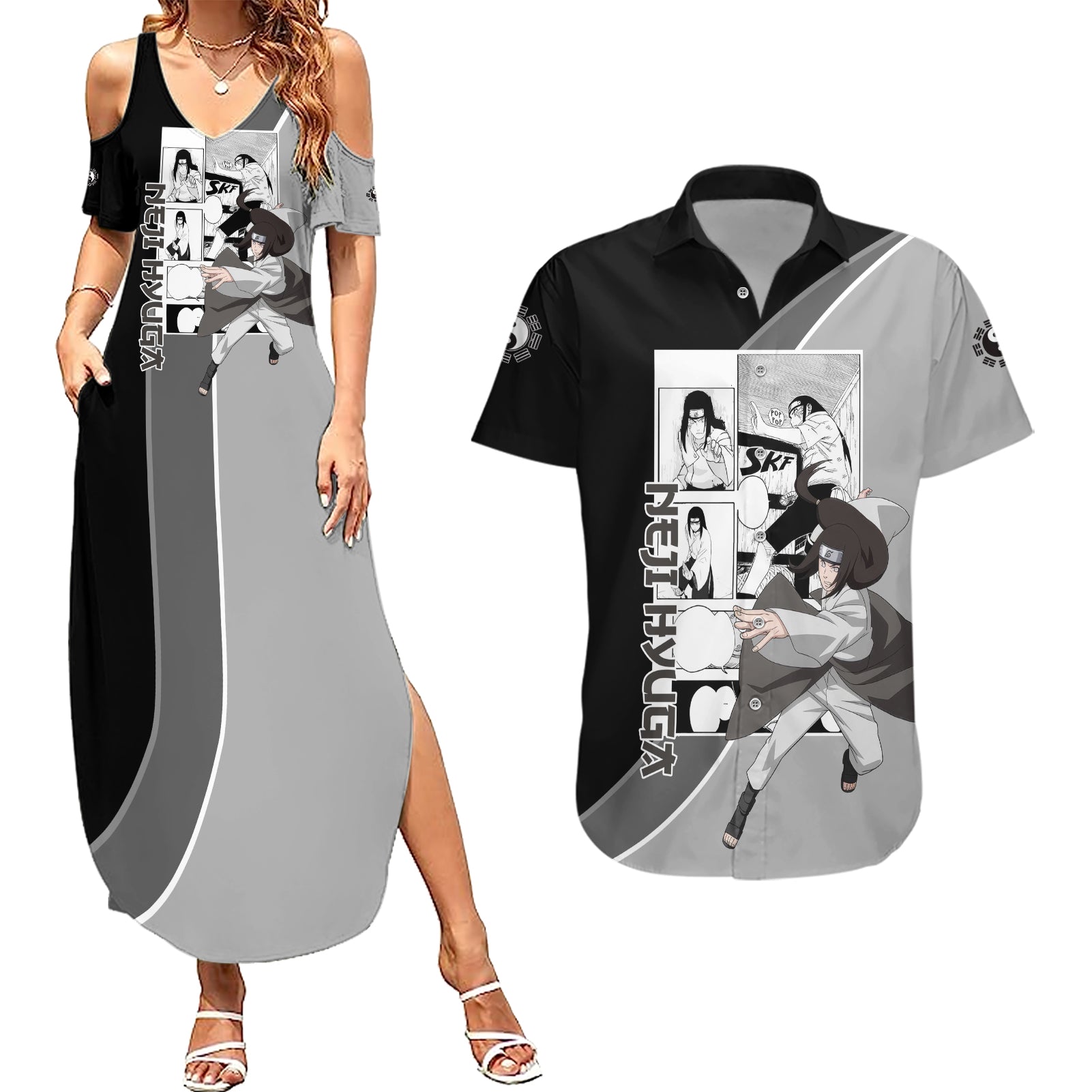 Neji Hyuga - Naruto Couples Matching Summer Maxi Dress and Hawaiian Shirt Anime Mix Manga Style