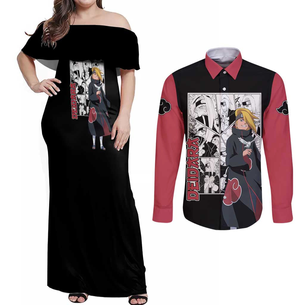 Deidara - Naruto Couples Matching Off Shoulder Maxi Dress and Long Sleeve Button Shirt Anime Mix Manga Style