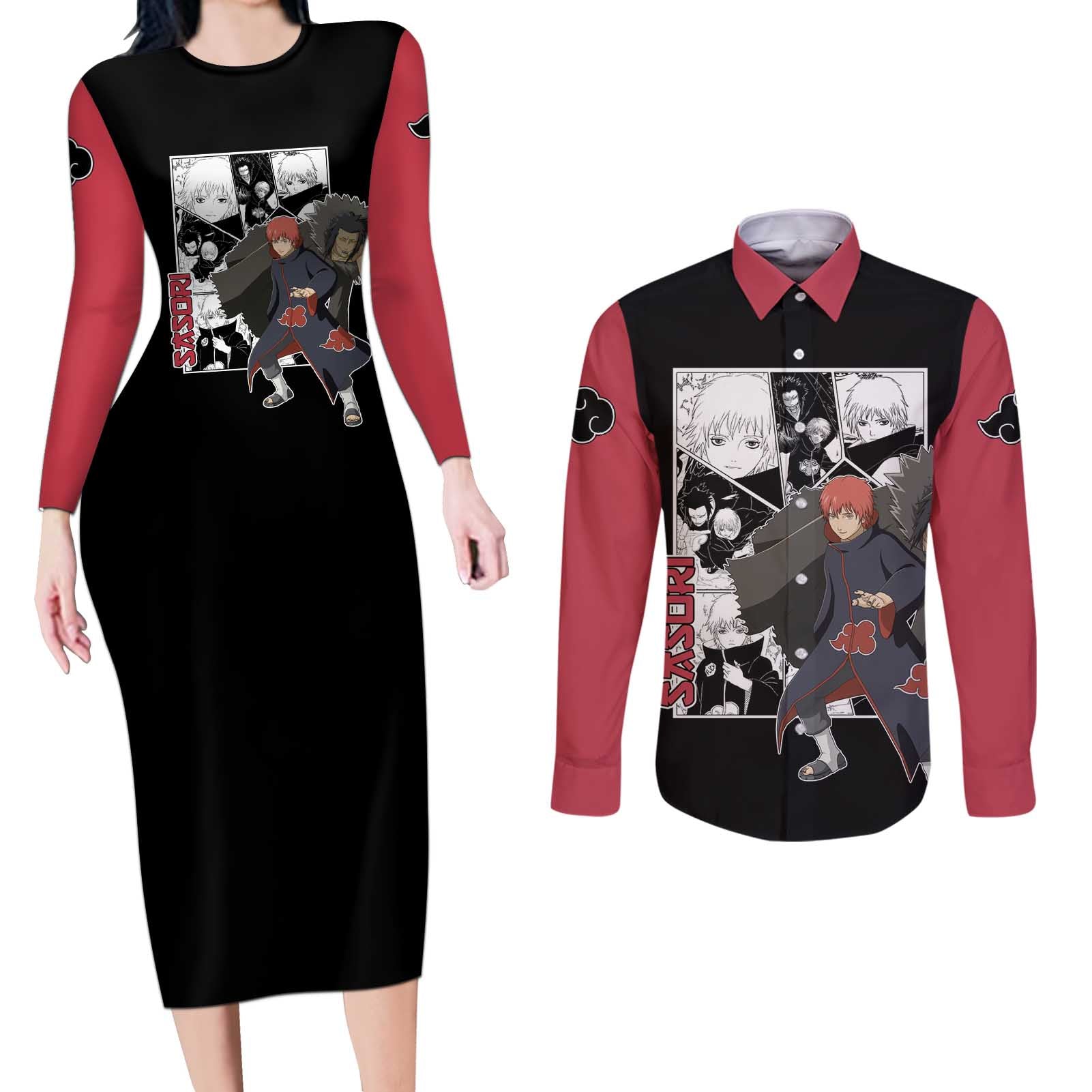 Sasori - Naruto Couples Matching Long Sleeve Bodycon Dress and Long Sleeve Button Shirt Anime Mix Manga Style