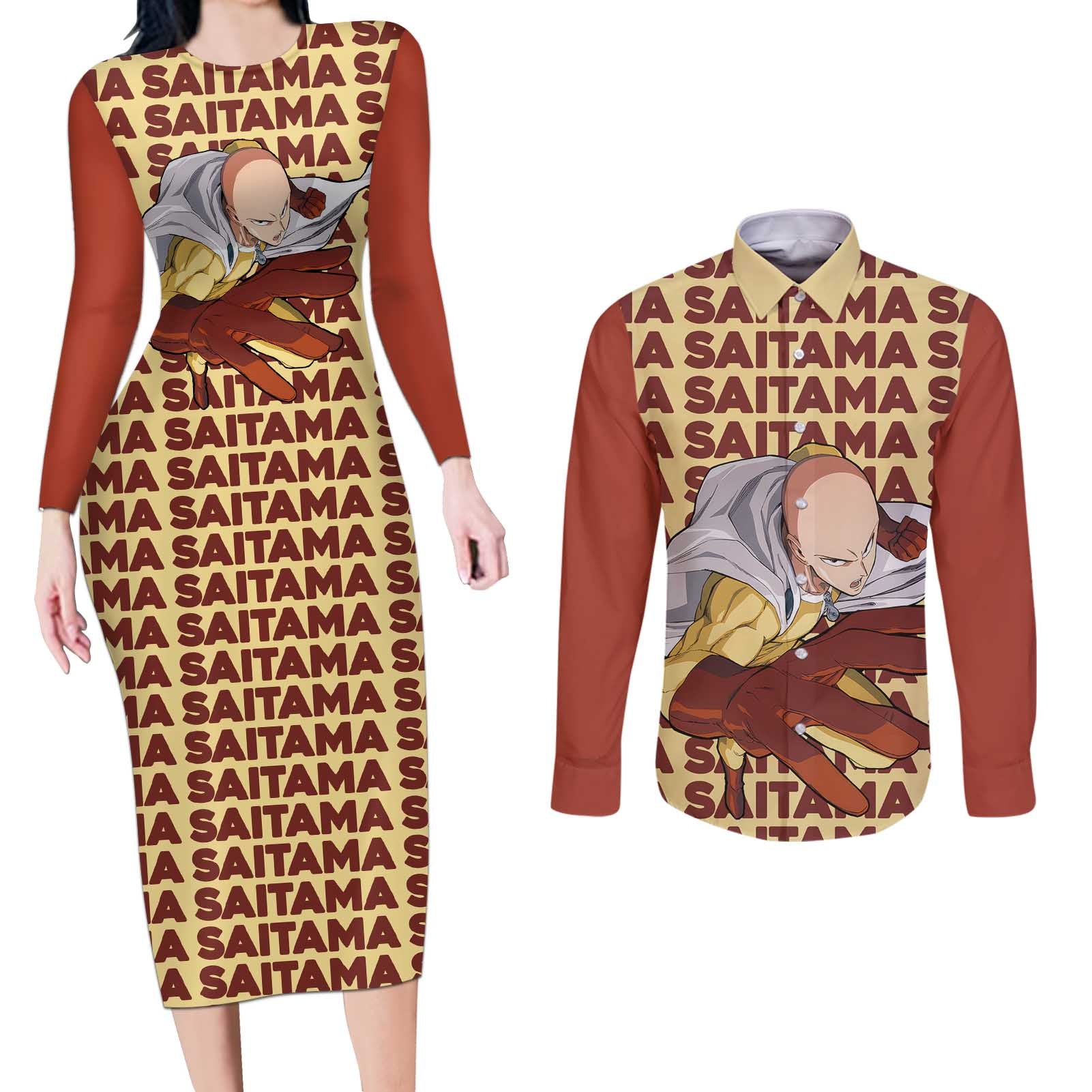 Saitama - One Punch Man Couples Matching Long Sleeve Bodycon Dress and Long Sleeve Button Shirt Anime Text Pattern Style