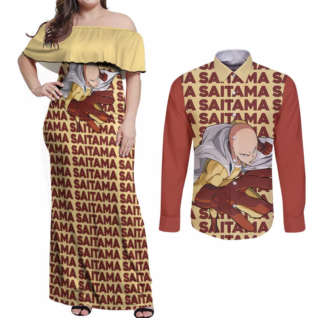 Saitama - One Punch Man Couples Matching Off Shoulder Maxi Dress and Long Sleeve Button Shirt Anime Text Pattern Style