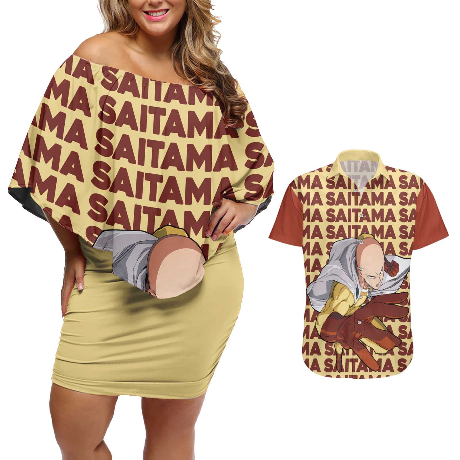 Saitama - One Punch Man Couples Matching Off Shoulder Short Dress and Hawaiian Shirt Anime Text Pattern Style