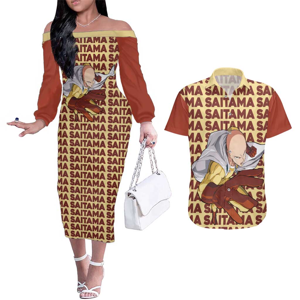 Saitama - One Punch Man Couples Matching Off The Shoulder Long Sleeve Dress and Hawaiian Shirt Anime Text Pattern Style