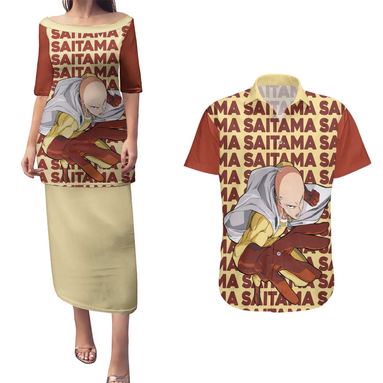 Saitama - One Punch Man Couples Matching Puletasi and Hawaiian Shirt Anime Text Pattern Style