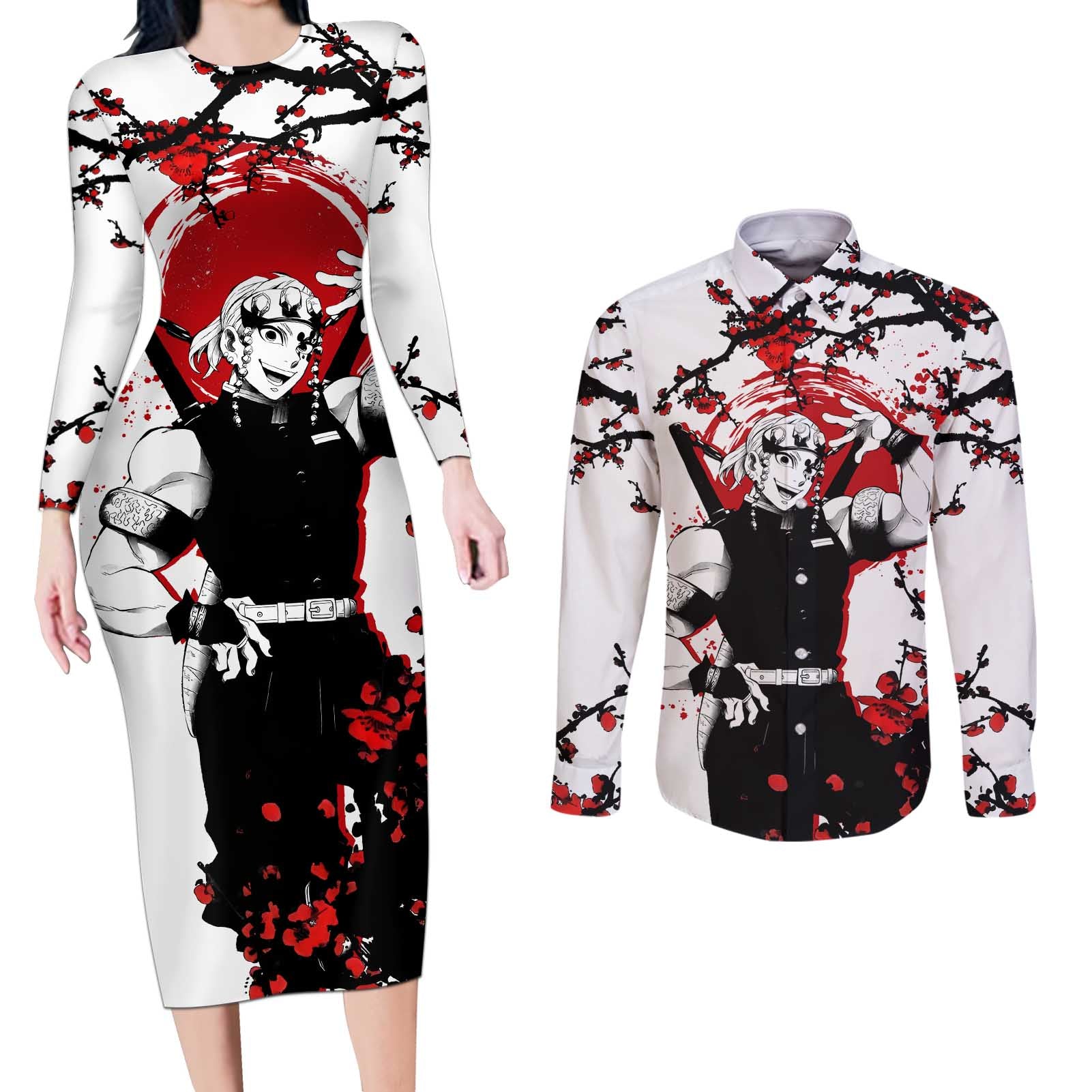 Tengen Uzui - Demon Slayer Couples Matching Long Sleeve Bodycon Dress and Long Sleeve Button Shirt Anime Japan Style