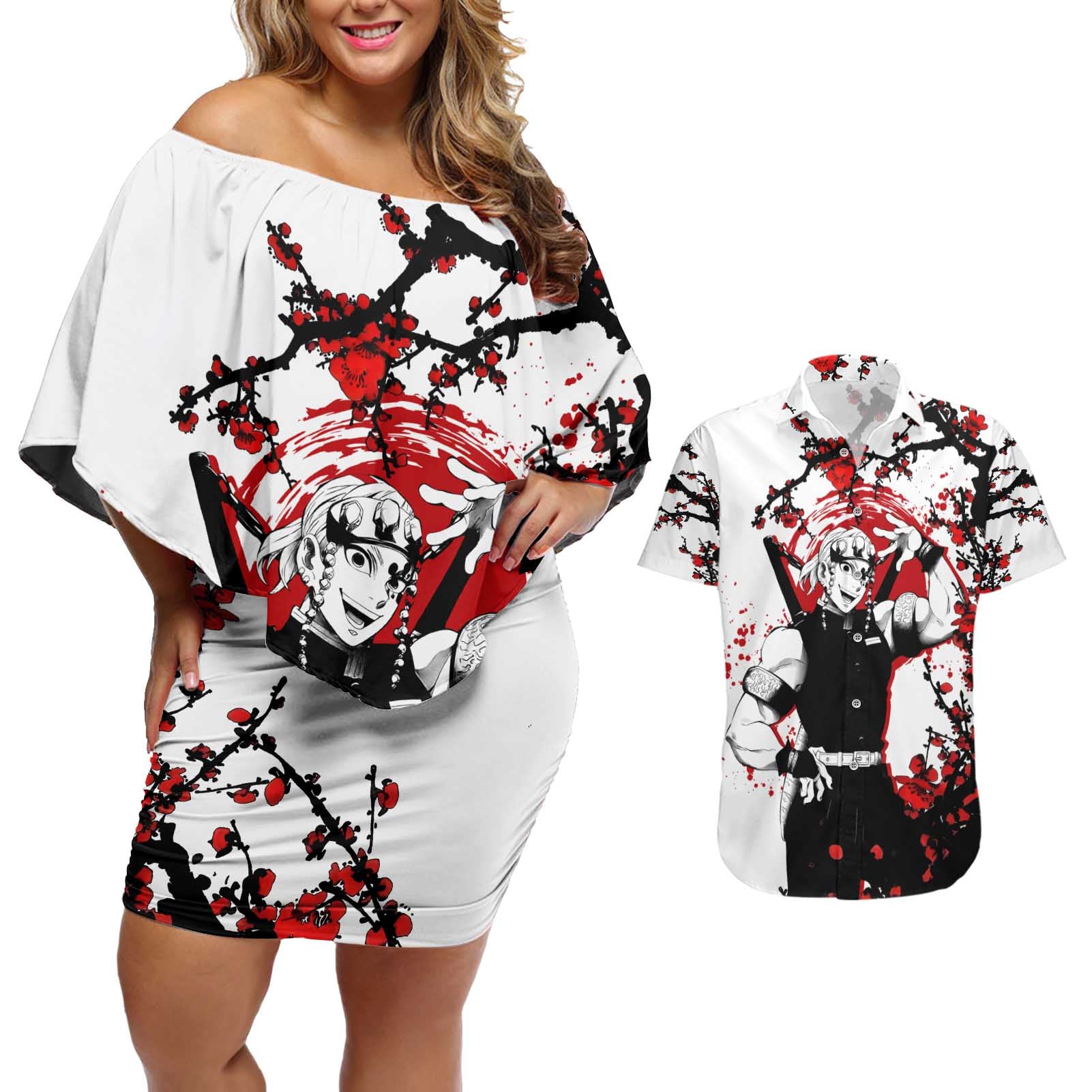 Tengen Uzui - Demon Slayer Couples Matching Off Shoulder Short Dress and Hawaiian Shirt Anime Japan Style