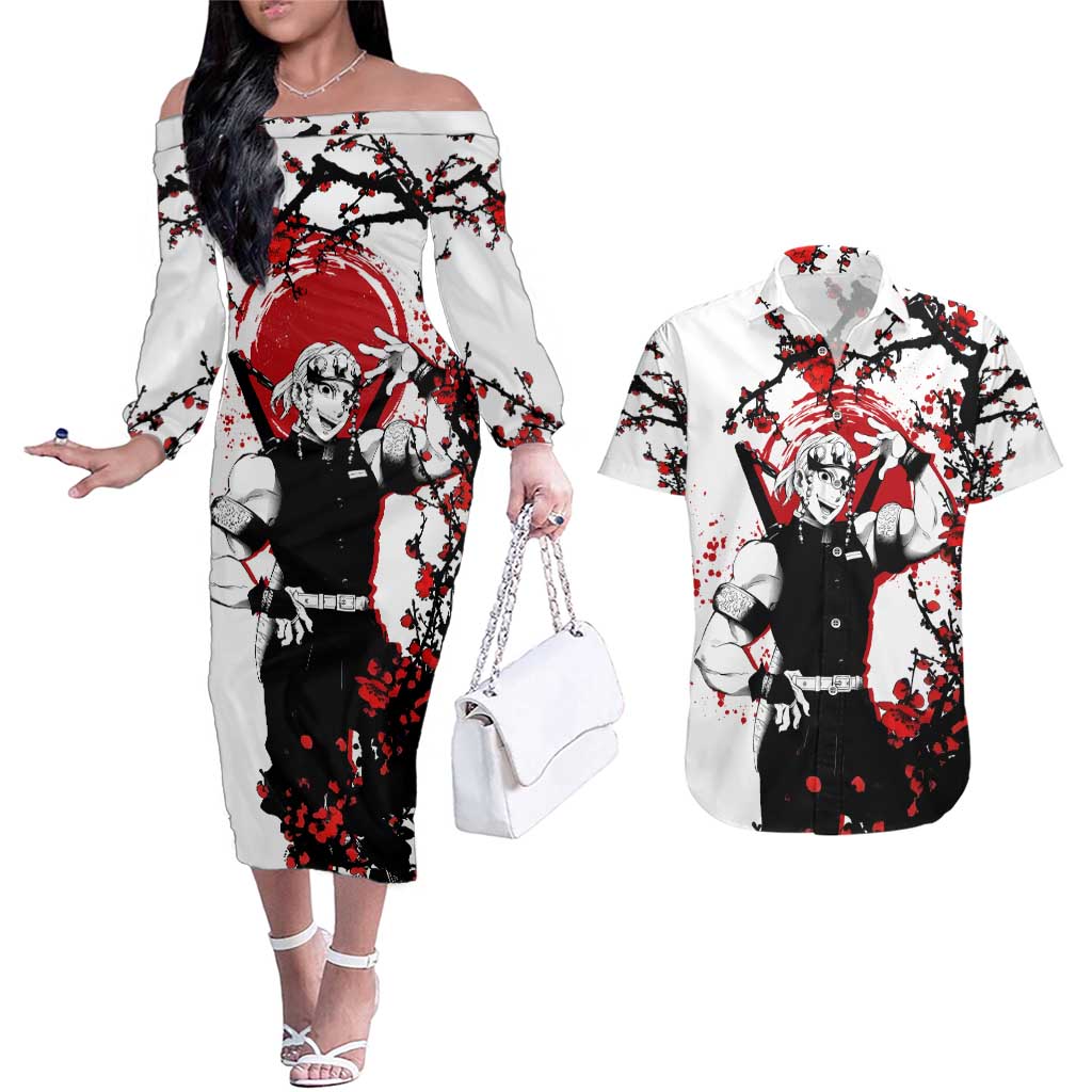 Tengen Uzui - Demon Slayer Couples Matching Off The Shoulder Long Sleeve Dress and Hawaiian Shirt Anime Japan Style