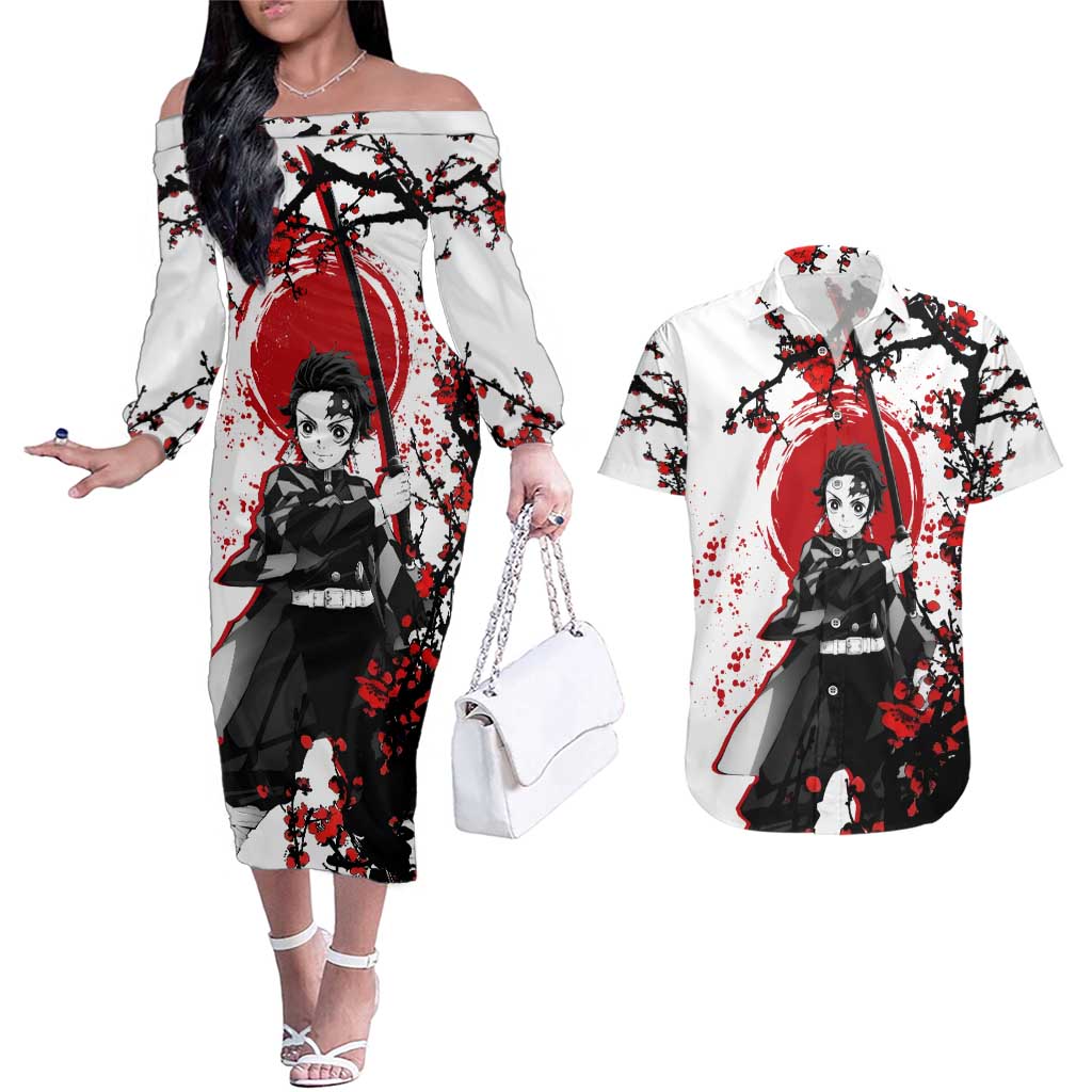 Zenitsu Agatsuma - Demon Slayer Couples Matching Off The Shoulder Long Sleeve Dress and Hawaiian Shirt Anime Text Pattern Style