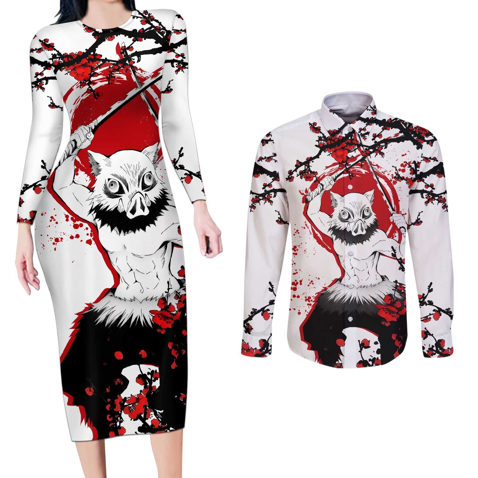 Inosuke Hashibira - Demon Slayer Couples Matching Long Sleeve Bodycon Dress and Long Sleeve Button Shirt Anime Japan Style