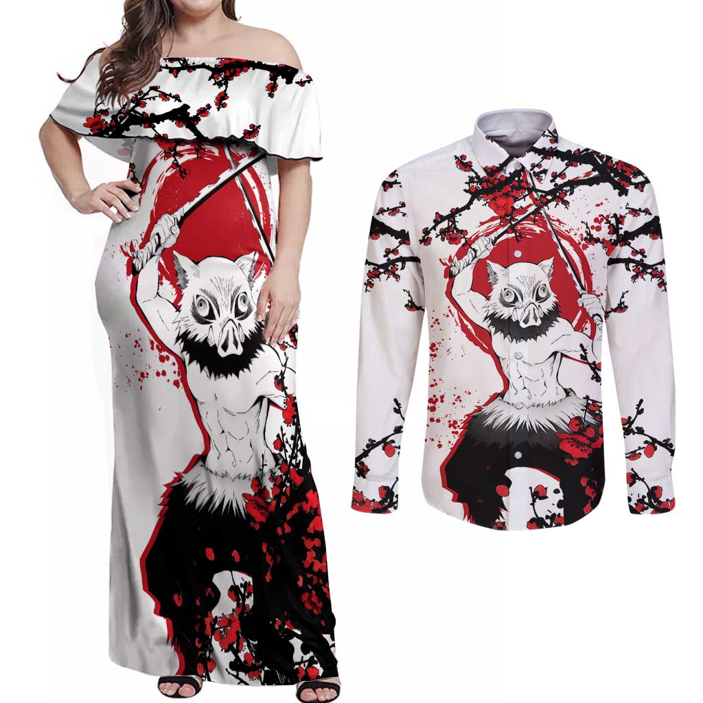 Inosuke Hashibira - Demon Slayer Couples Matching Off Shoulder Maxi Dress and Long Sleeve Button Shirt Anime Japan Style