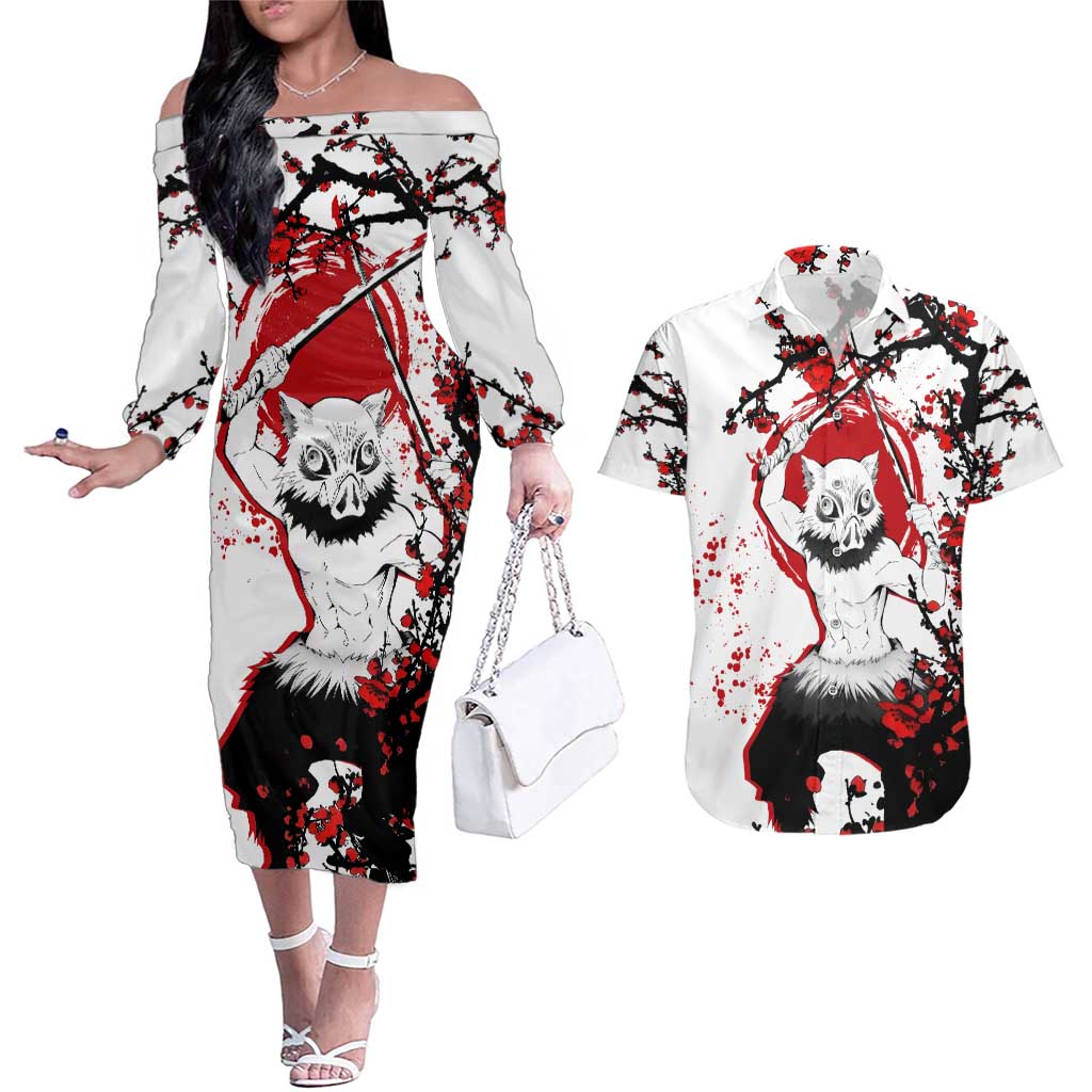 Inosuke Hashibira - Demon Slayer Couples Matching Off The Shoulder Long Sleeve Dress and Hawaiian Shirt Anime Japan Style