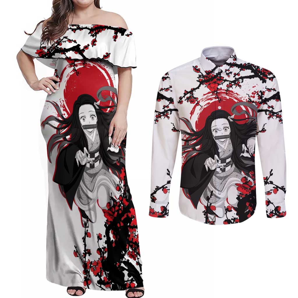 Nezuko Kamado - Demon Slayer Couples Matching Off Shoulder Maxi Dress and Long Sleeve Button Shirt Anime Japan Style