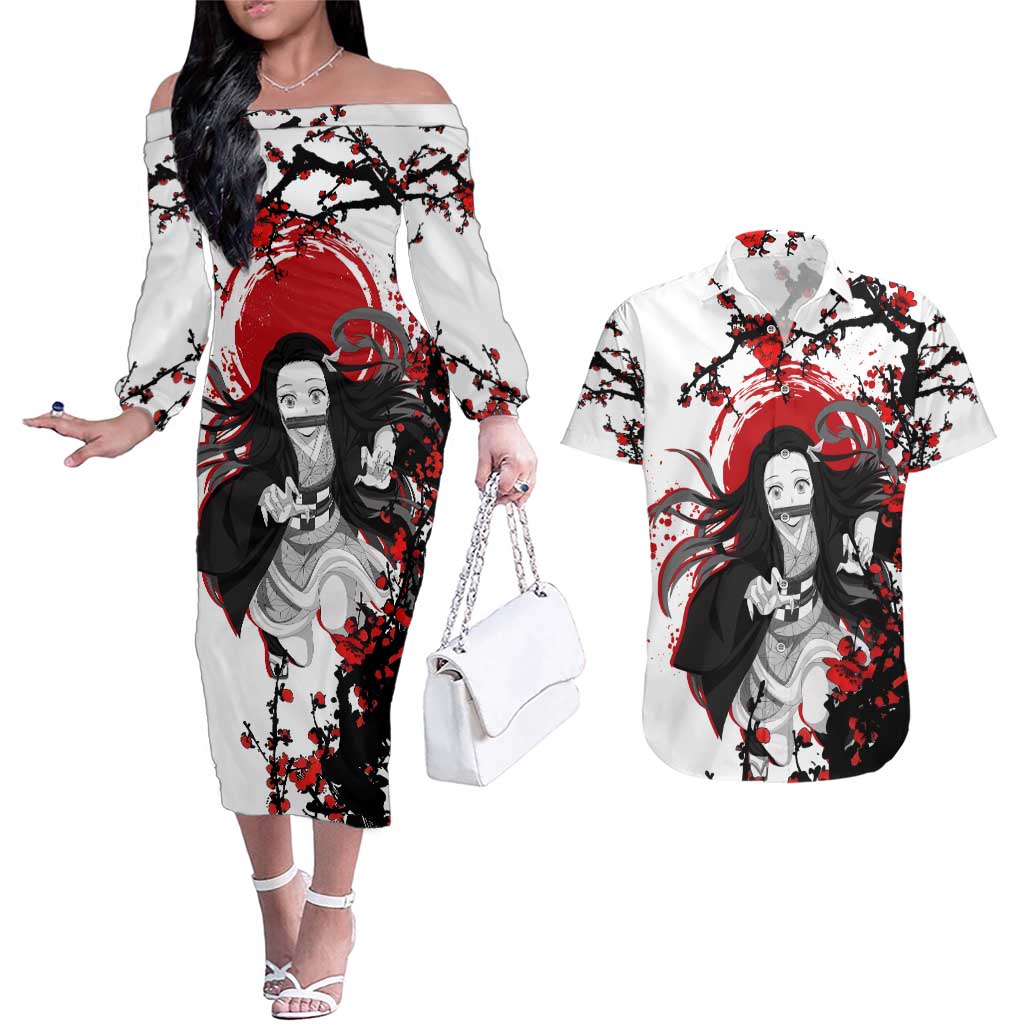 Nezuko Kamado - Demon Slayer Couples Matching Off The Shoulder Long Sleeve Dress and Hawaiian Shirt Anime Japan Style