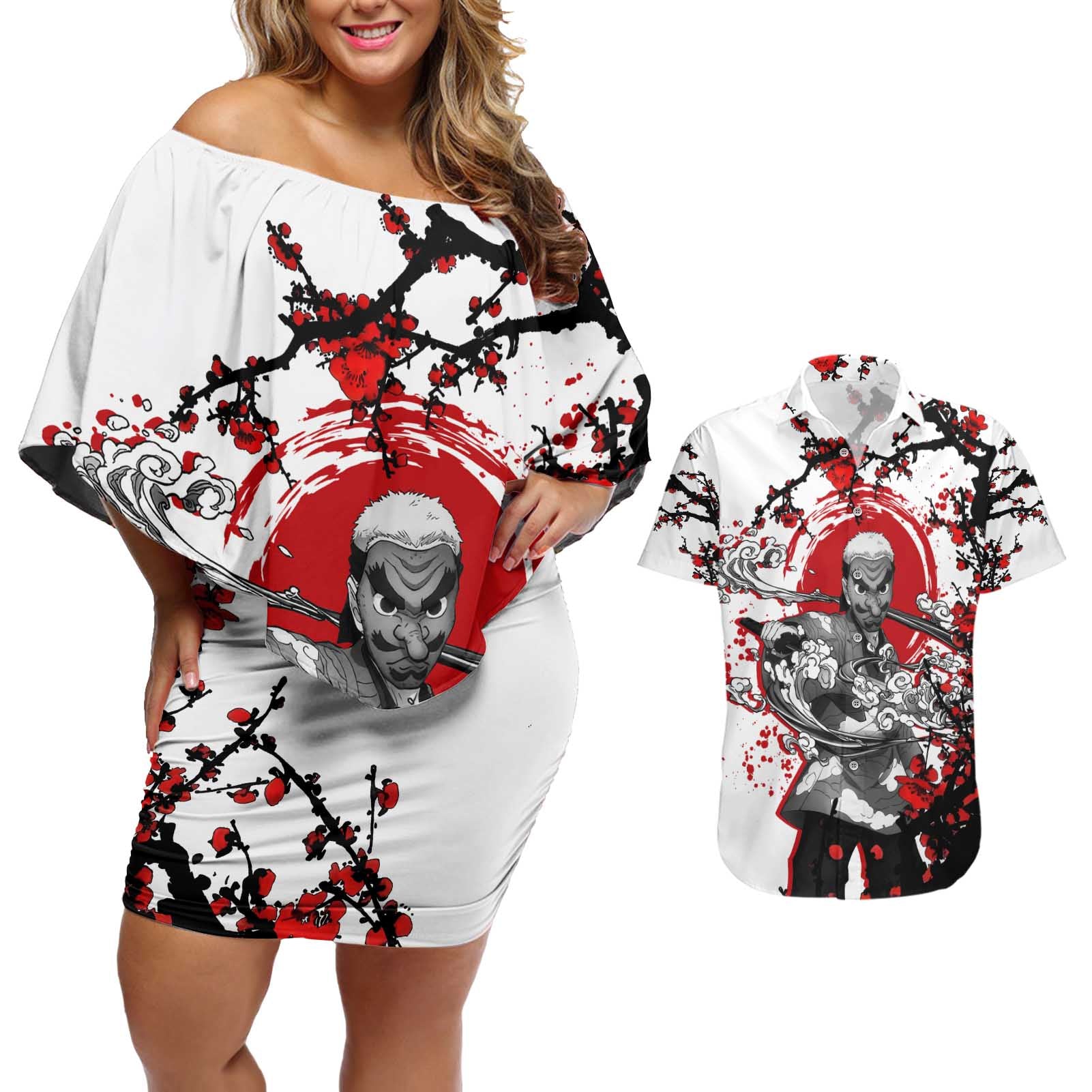 Urokodaki Sakonji - Demon Slayer Couples Matching Off Shoulder Short Dress and Hawaiian Shirt Anime Japan Style