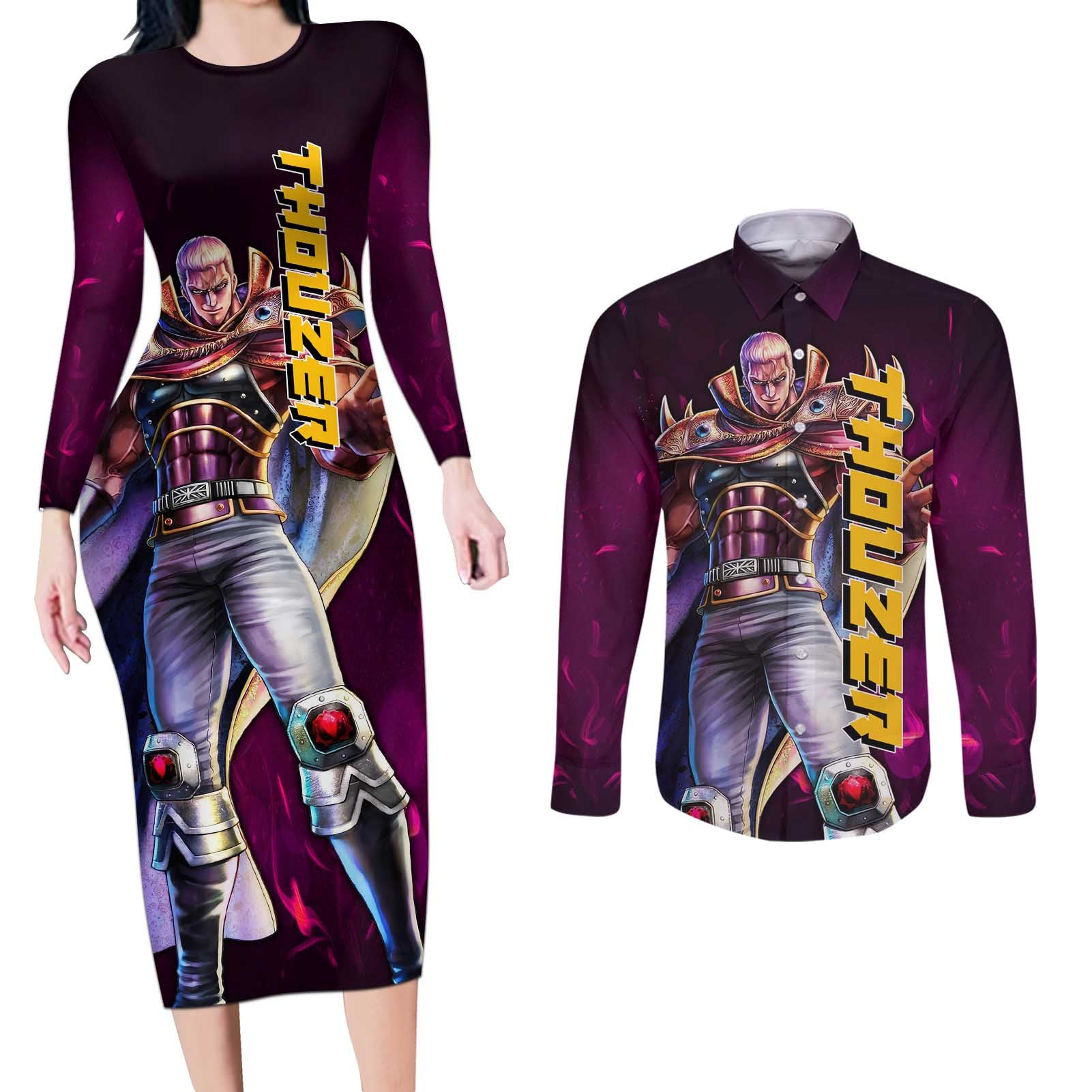 Thouzer - Fist Of The North Star Couples Matching Long Sleeve Bodycon Dress and Long Sleeve Button Shirt Anime Style