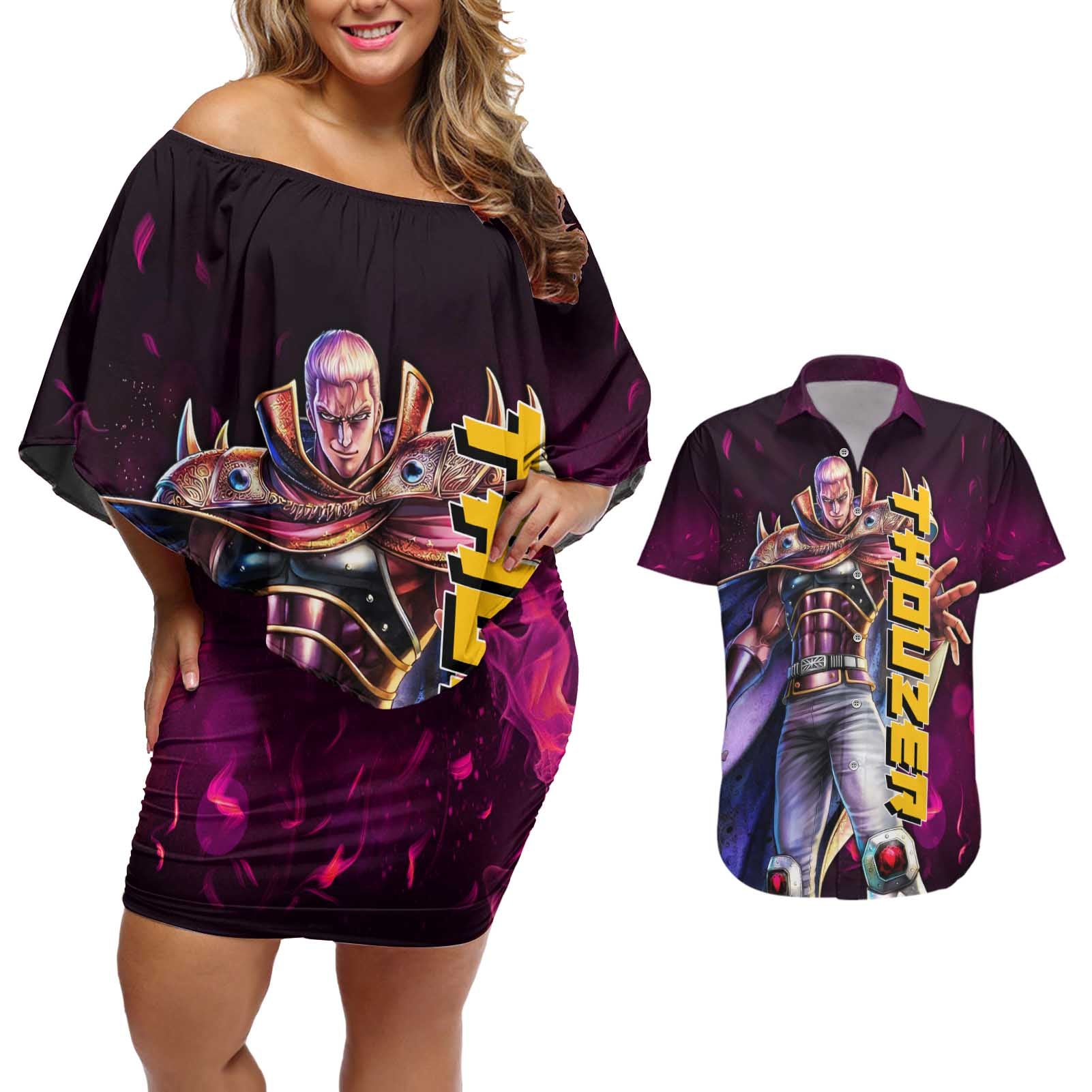 Thouzer - Fist Of The North Star Couples Matching Off Shoulder Short Dress and Hawaiian Shirt Anime Style