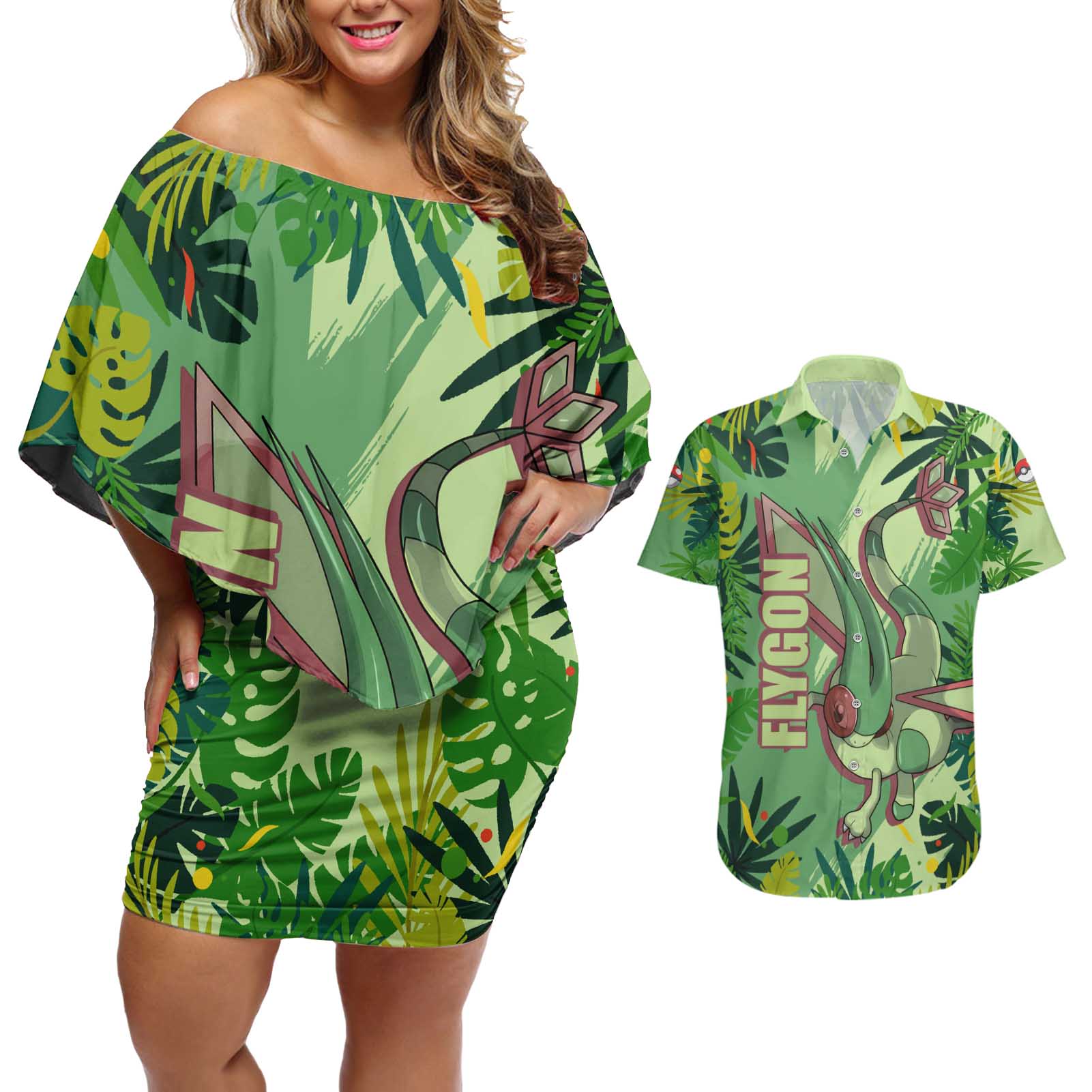 Flygon - Pokemon Couples Matching Off Shoulder Short Dress and Hawaiian Shirt Anime Style