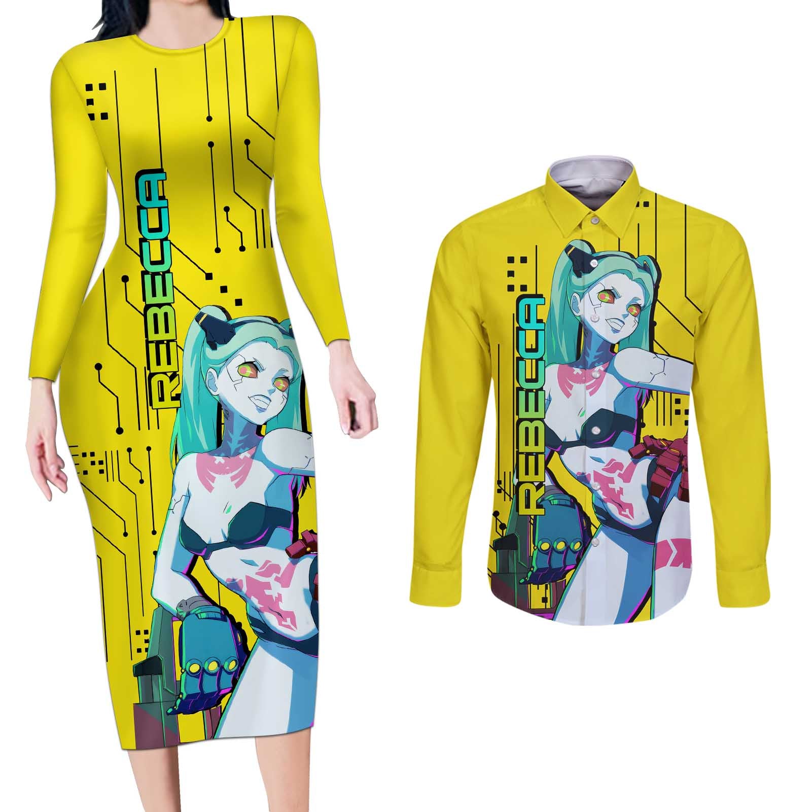 Cyberpunk Rebecca Couples Matching Long Sleeve Bodycon Dress and Long Sleeve Button Shirt Anime Style