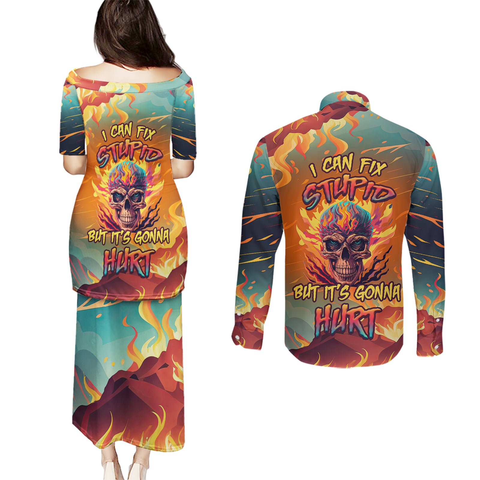 i-can-fix-stupid-bit-its-gonna-hurt-flaming-kull-couples-matching-puletasi-dress-and-long-sleeve-button-shirts