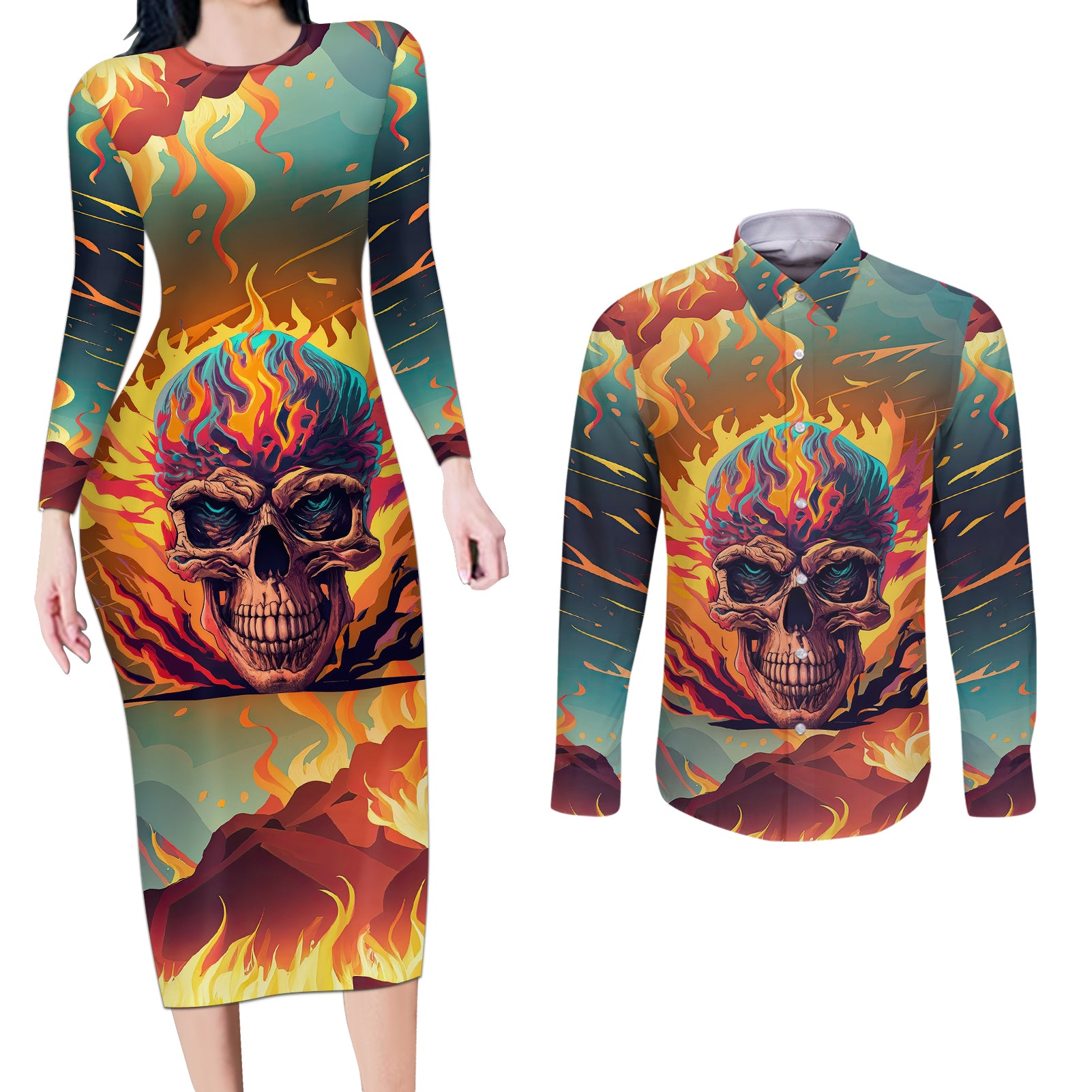 skull-flaming-couples-matching-long-sleeve-bodycon-dress-and-long-sleeve-button-shirts-i-can-fix-stupid-but-its-gonna-hurt