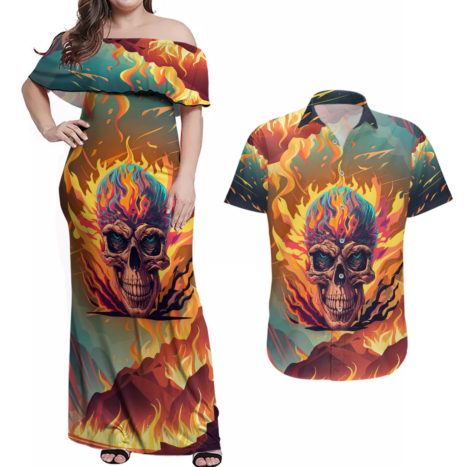 skull-flaming-couples-matching-off-shoulder-maxi-dress-and-hawaiian-shirt-i-can-fix-stupid-but-its-gonna-hurt