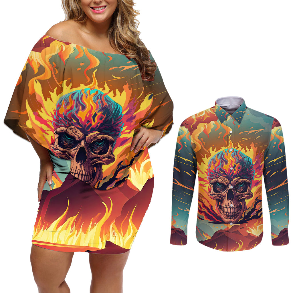 skull-flaming-couples-matching-off-shoulder-short-dress-and-long-sleeve-button-shirts-i-can-fix-stupid-but-its-gonna-hurt