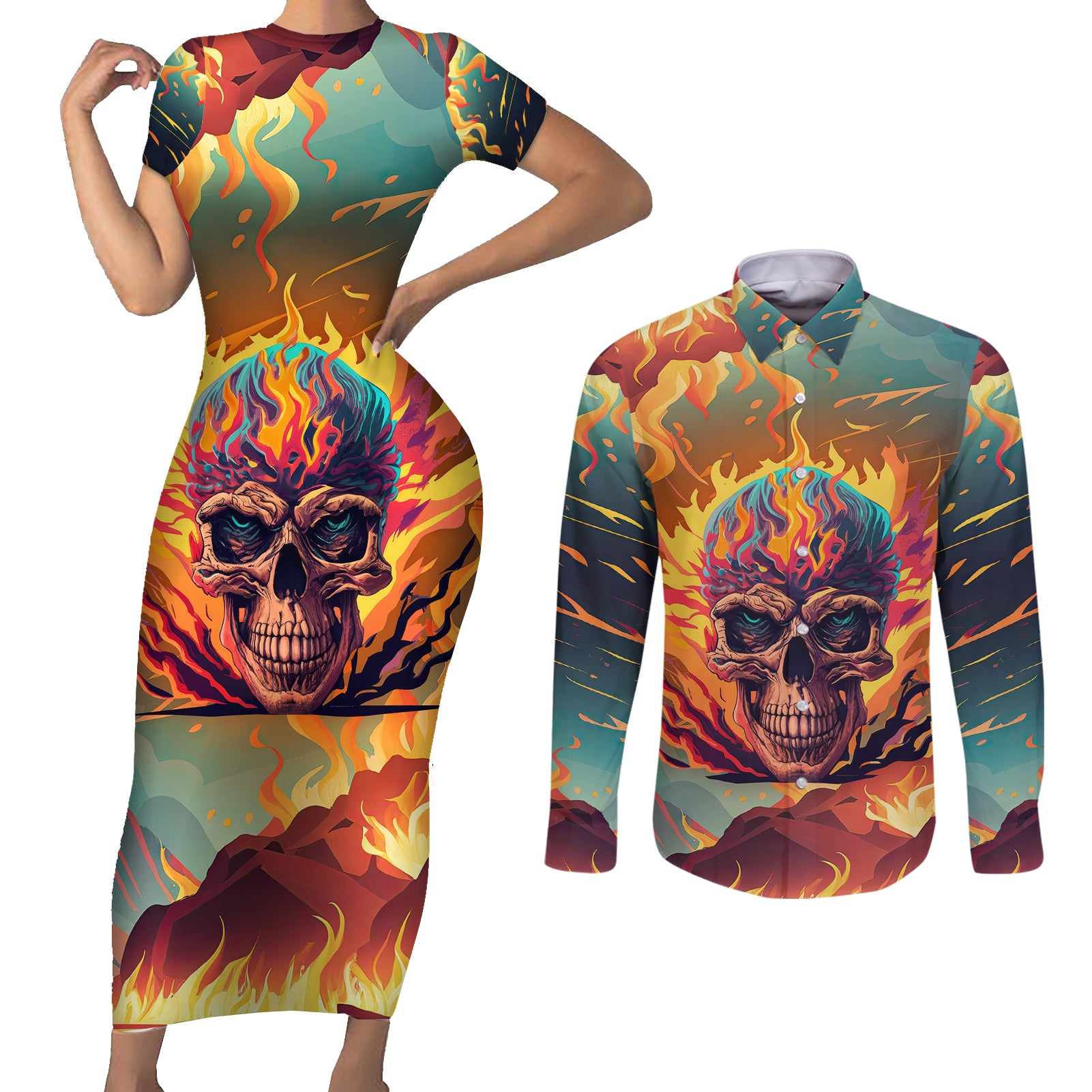 skull-flaming-couples-matching-short-sleeve-bodycon-dress-and-long-sleeve-button-shirts-i-can-fix-stupid-but-its-gonna-hurt