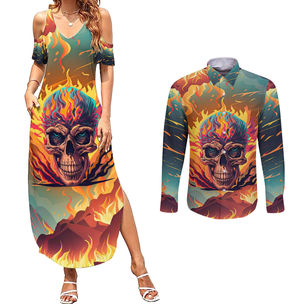 skull-flaming-couples-matching-summer-maxi-dress-and-long-sleeve-button-shirts-i-can-fix-stupid-but-its-gonna-hurt