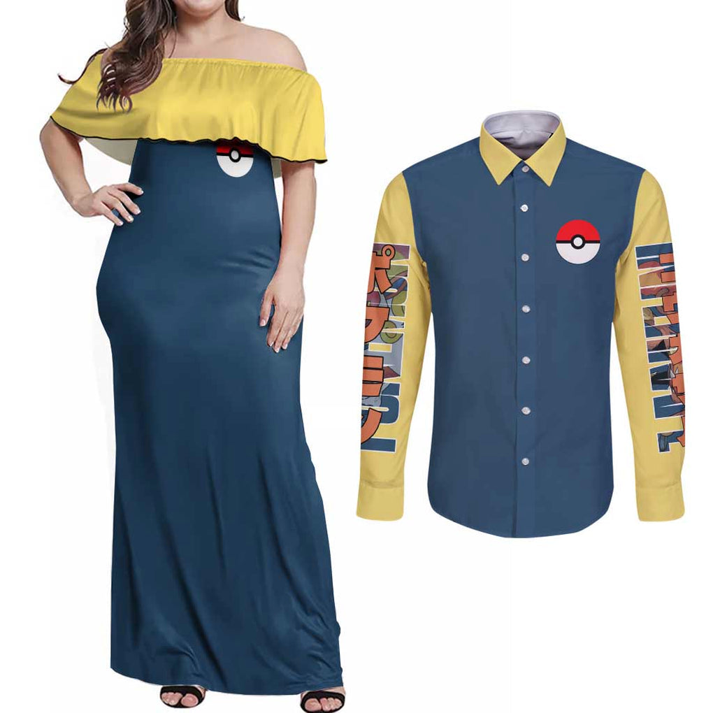 Infernape - Poke Couples Matching Off Shoulder Maxi Dress and Long Sleeve Button Shirt Anime Style