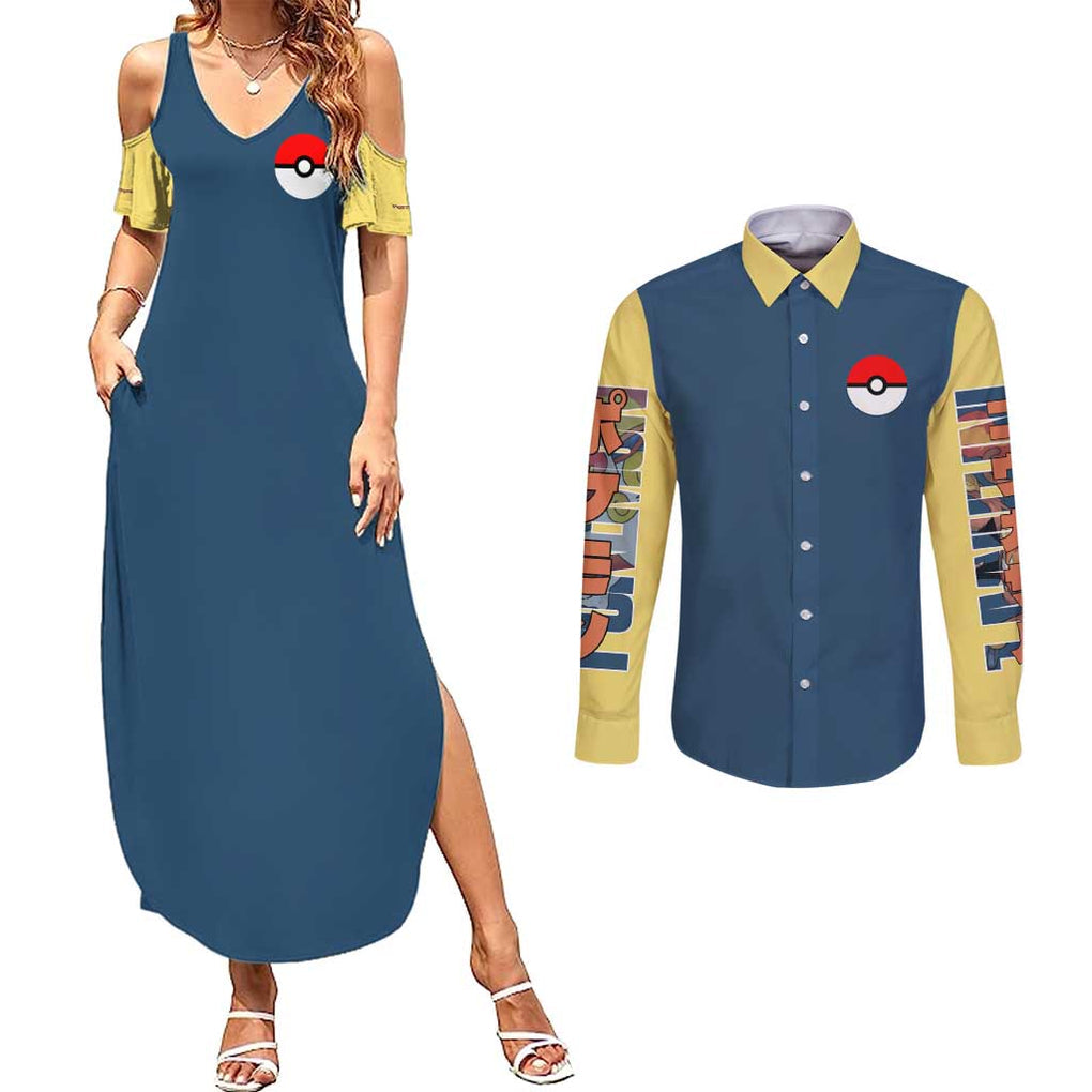 Infernape - Poke Couples Matching Summer Maxi Dress and Long Sleeve Button Shirt Anime Style