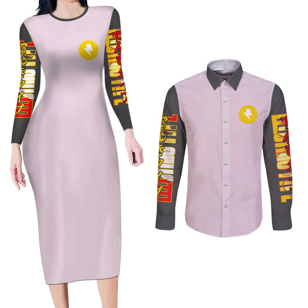 Ampharos - Poke Couples Matching Long Sleeve Bodycon Dress and Long Sleeve Button Shirt Anime Style