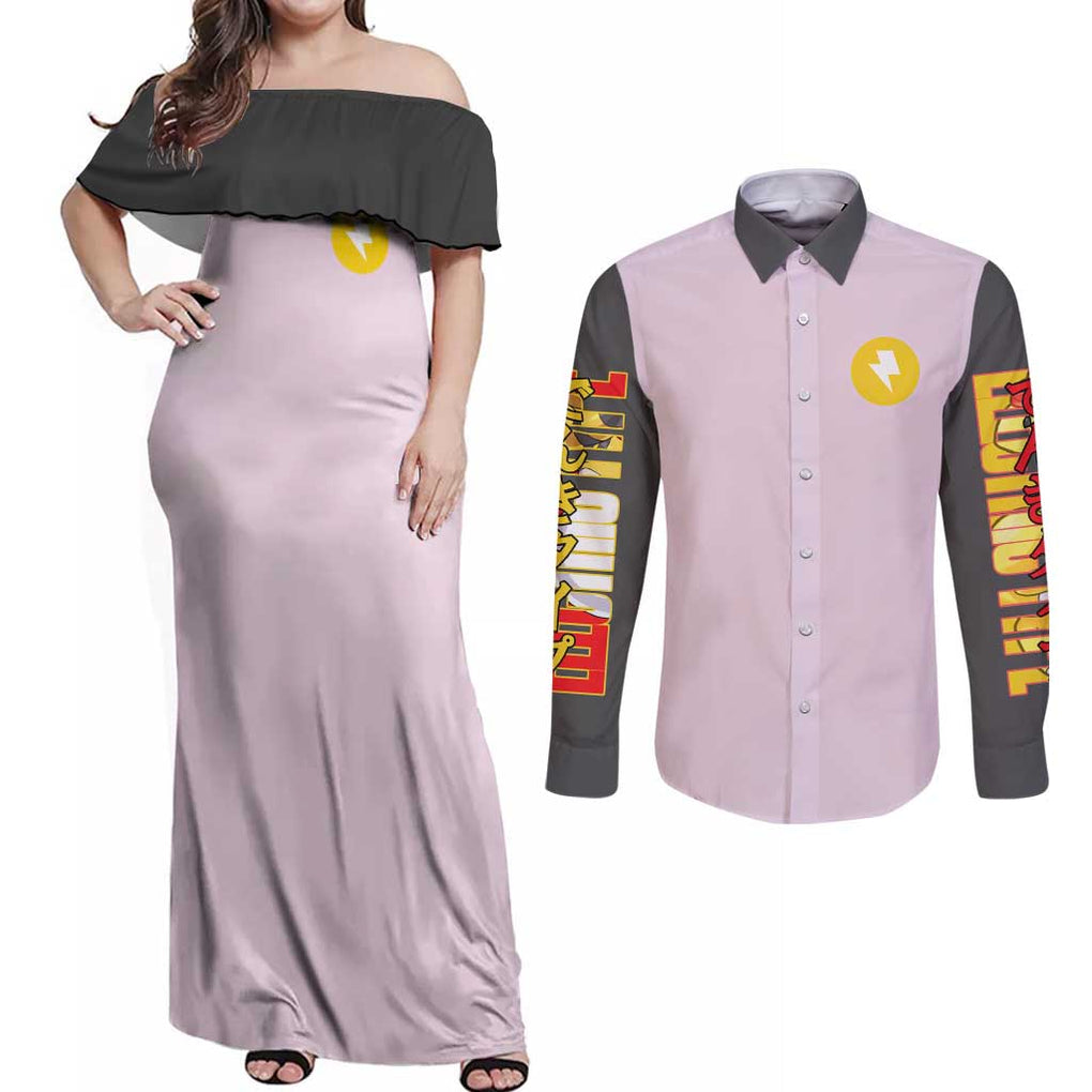 Ampharos - Poke Couples Matching Off Shoulder Maxi Dress and Long Sleeve Button Shirt Anime Style