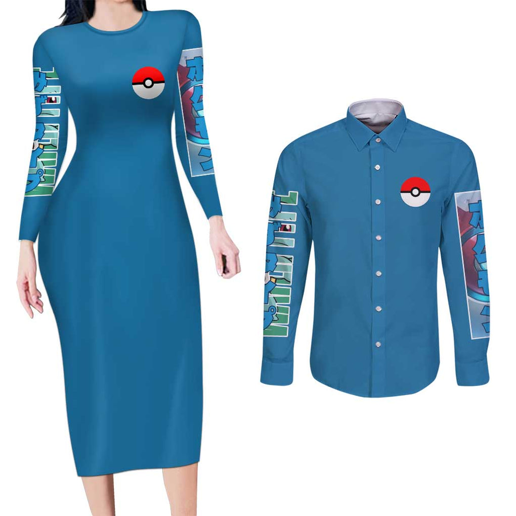 Squirtle Poke Couples Matching Long Sleeve Bodycon Dress and Long Sleeve Button Shirt Anime Style