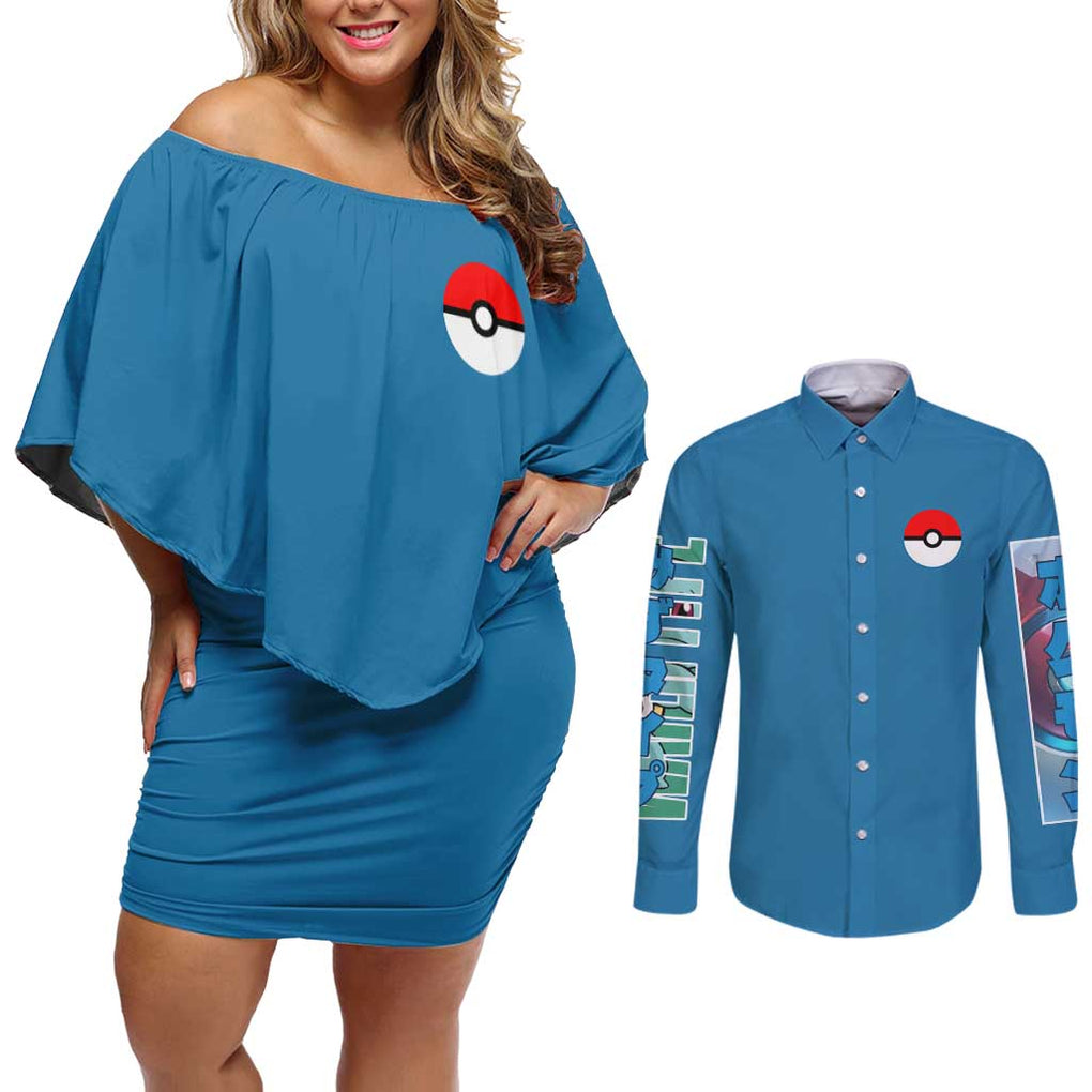 Squirtle Poke Couples Matching Off Shoulder Short Dress and Long Sleeve Button Shirt Anime Style