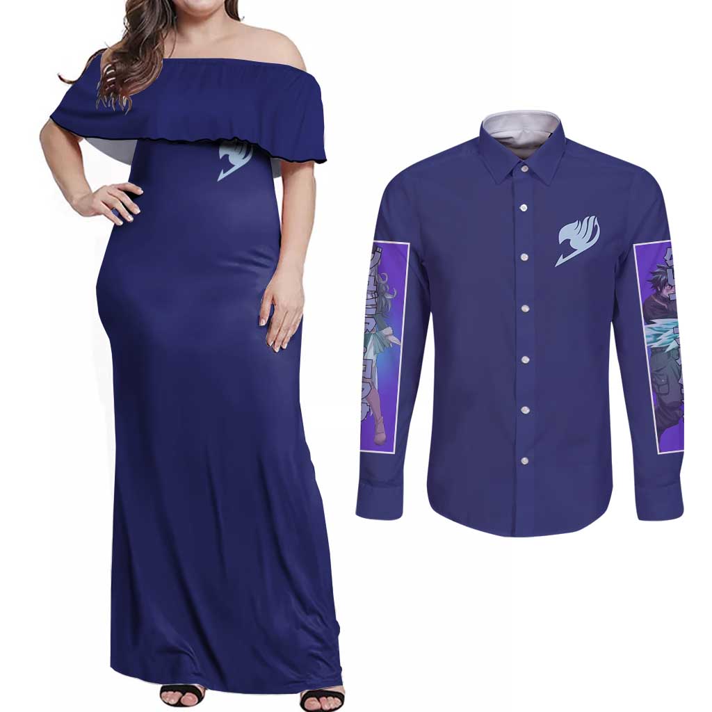 Gruvia Fairy Tail Couples Matching Off Shoulder Maxi Dress and Long Sleeve Button Shirt Anime Style