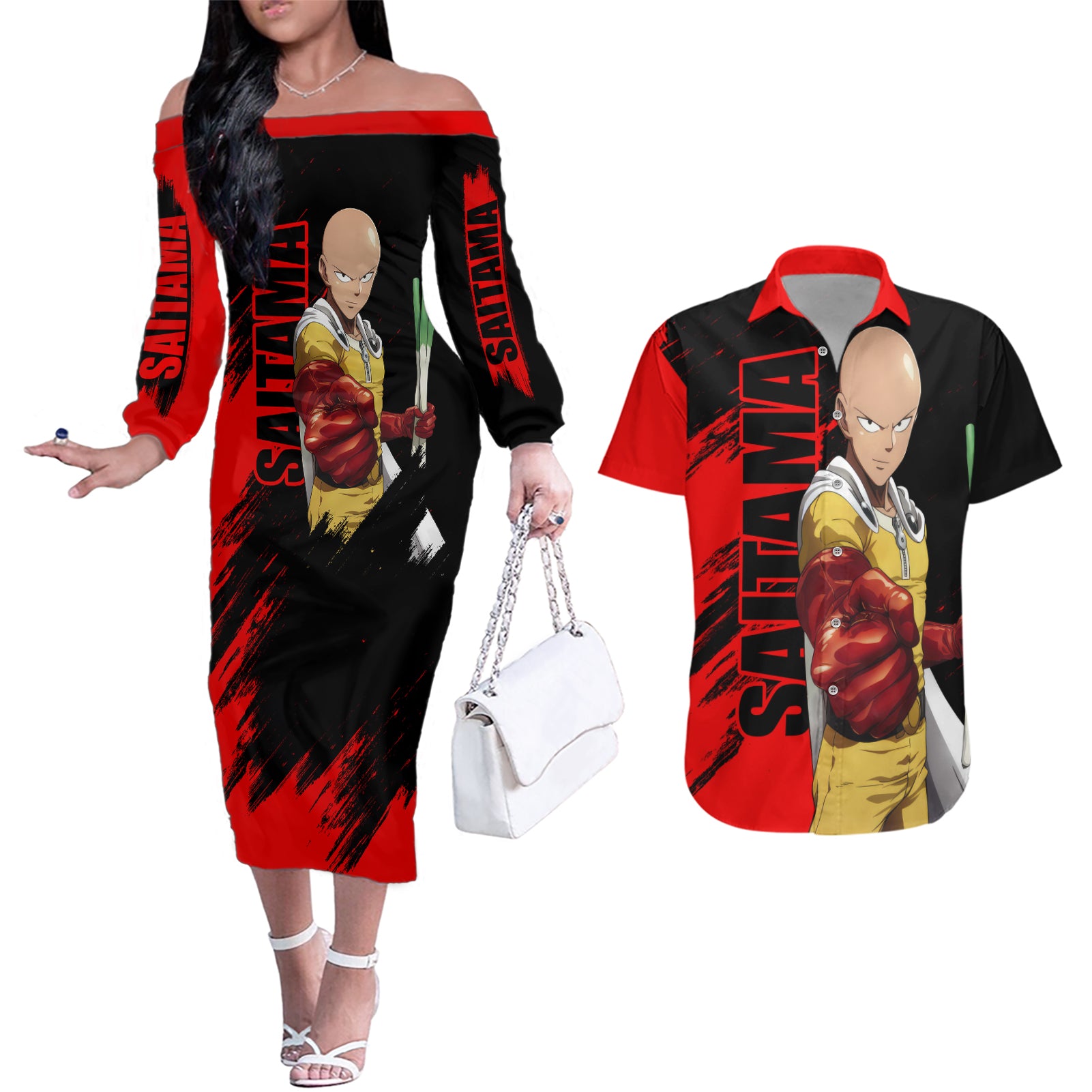 Saitama - OPM - Sport Funny Design Couples Matching Off The Shoulder Long Sleeve Dress and Hawaiian Shirt