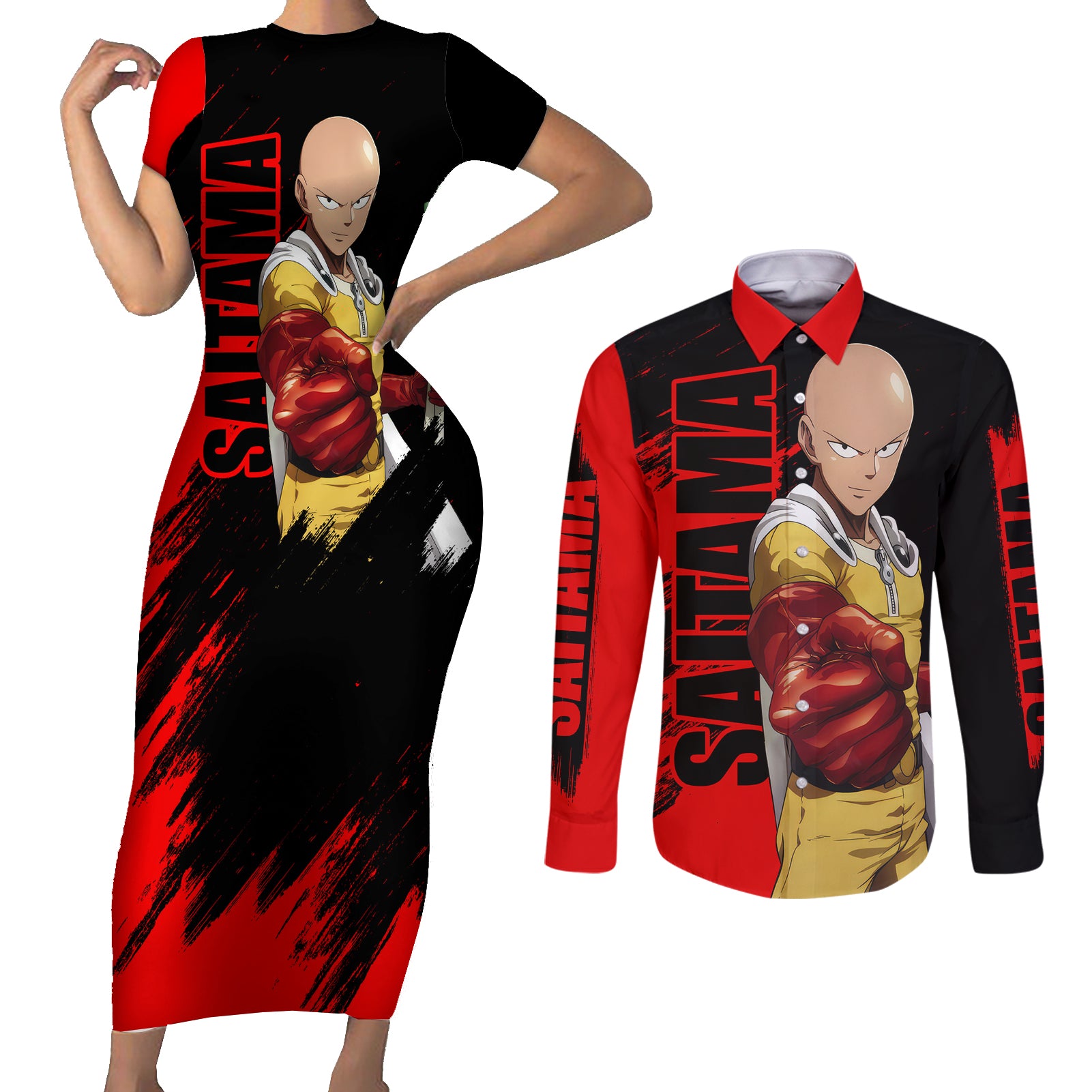 Saitama - OPM - Sport Funny Design Couples Matching Short Sleeve Bodycon Dress and Long Sleeve Button Shirt