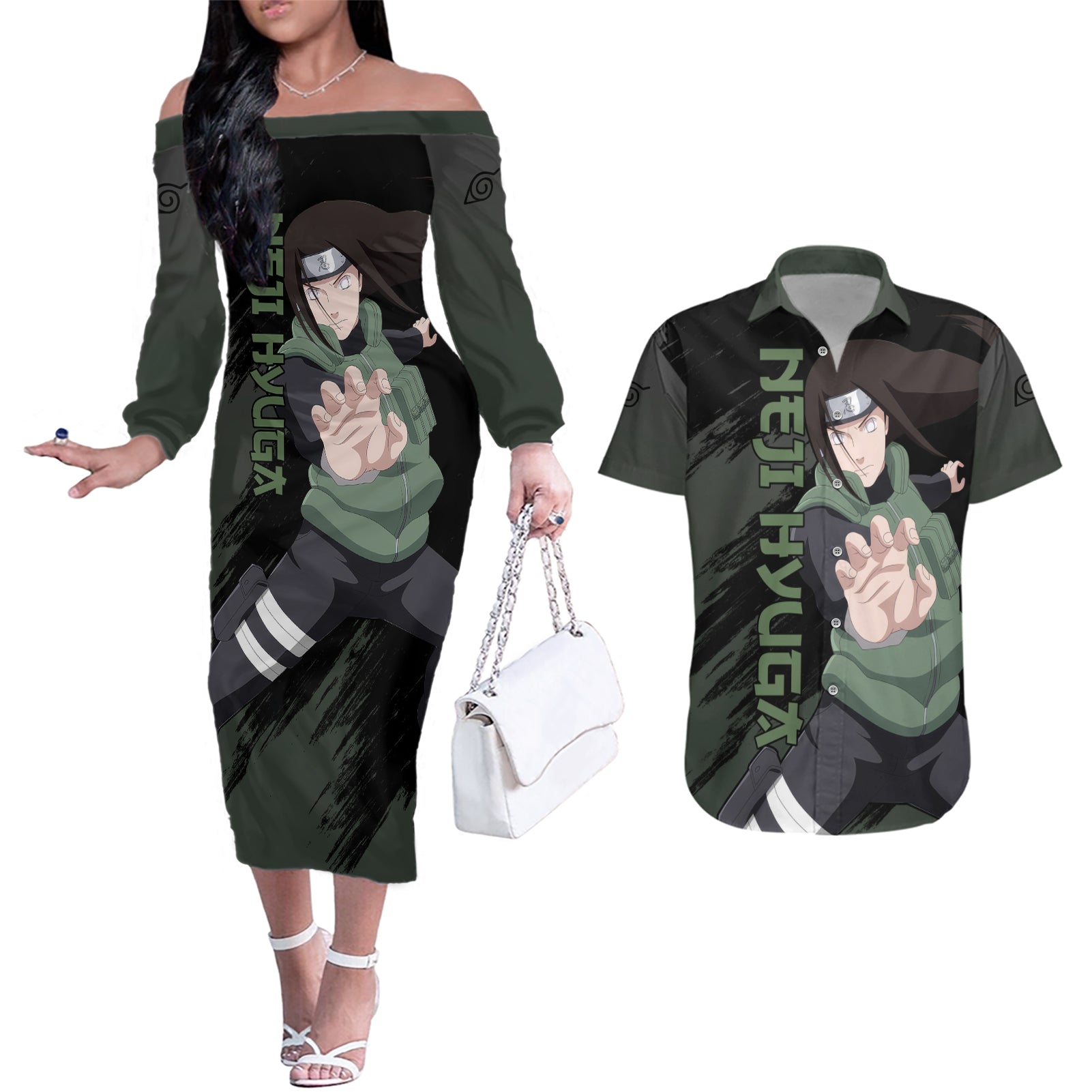 Neji Hyuga - Naruto Couples Matching Off The Shoulder Long Sleeve Dress and Hawaiian Shirt