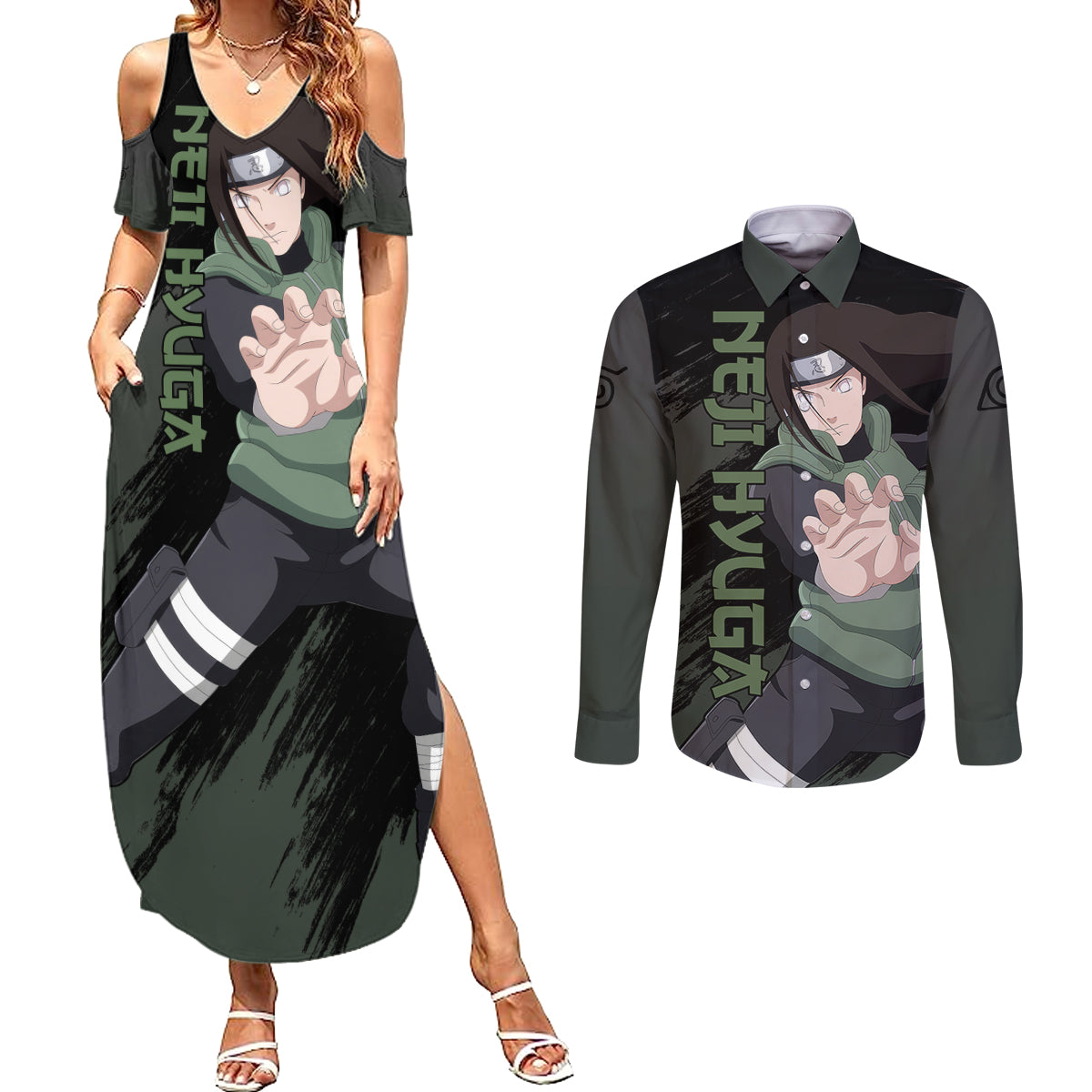 Neji Hyuga - Naruto Couples Matching Summer Maxi Dress and Long Sleeve Button Shirt