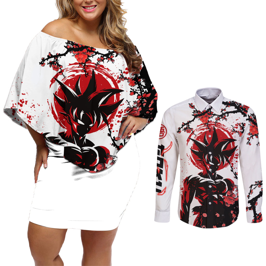 Goku - Style Dragon Ball Anime Couples Matching Off Shoulder Short Dress and Long Sleeve Button Shirt