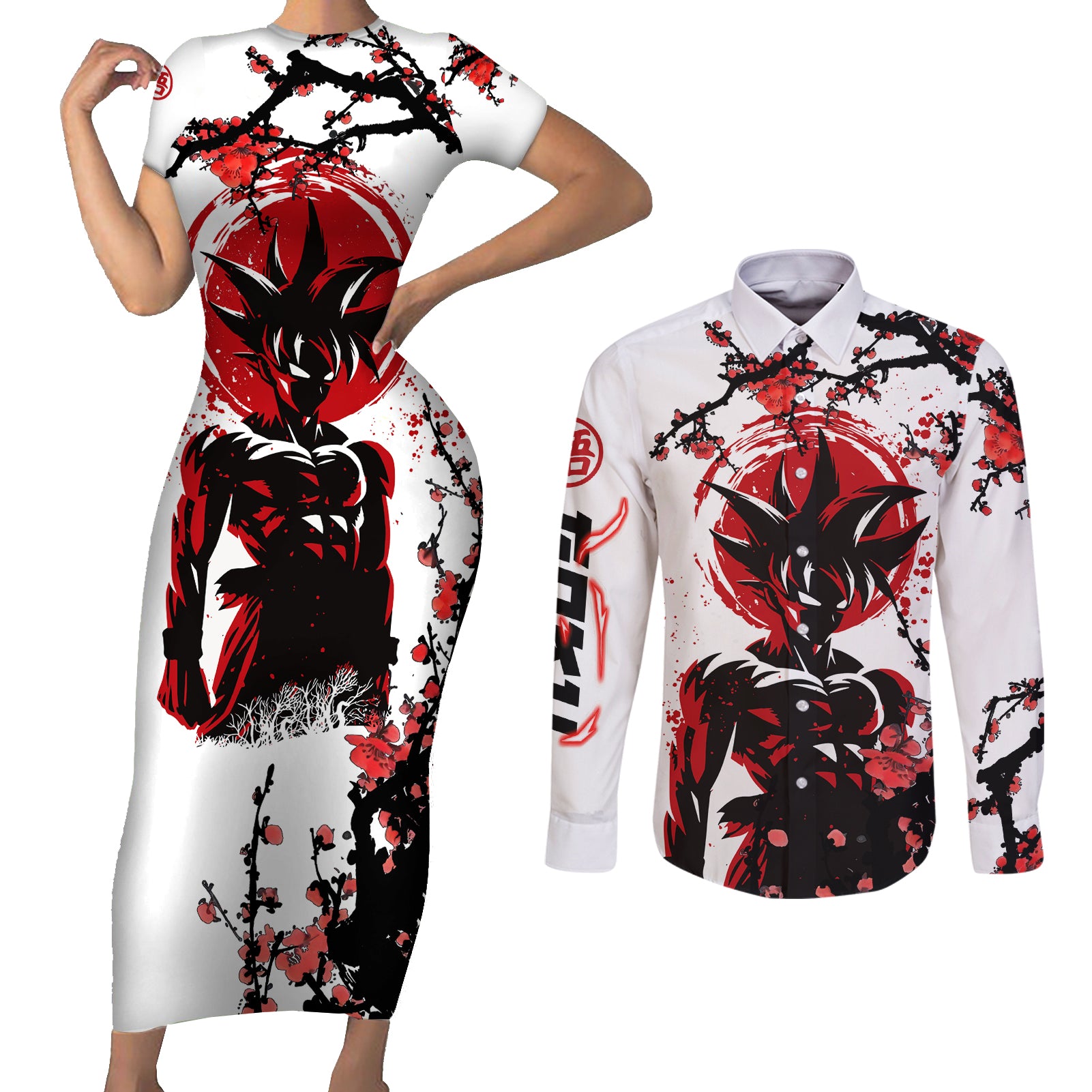 Goku - Style Dragon Ball Anime Couples Matching Short Sleeve Bodycon Dress and Long Sleeve Button Shirt