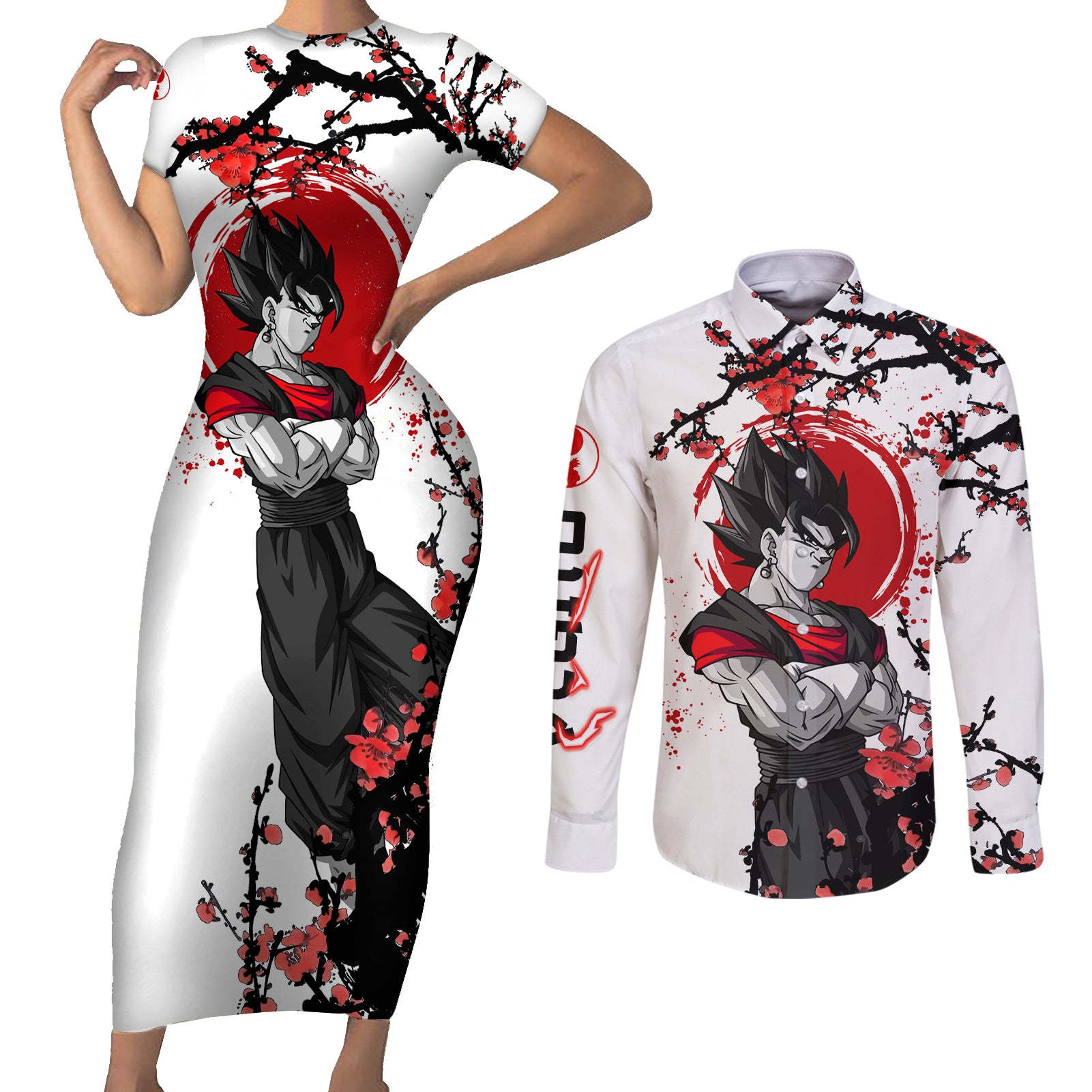 Vegito - Japan Style Anime Couples Matching Short Sleeve Bodycon Dress and Long Sleeve Button Shirt