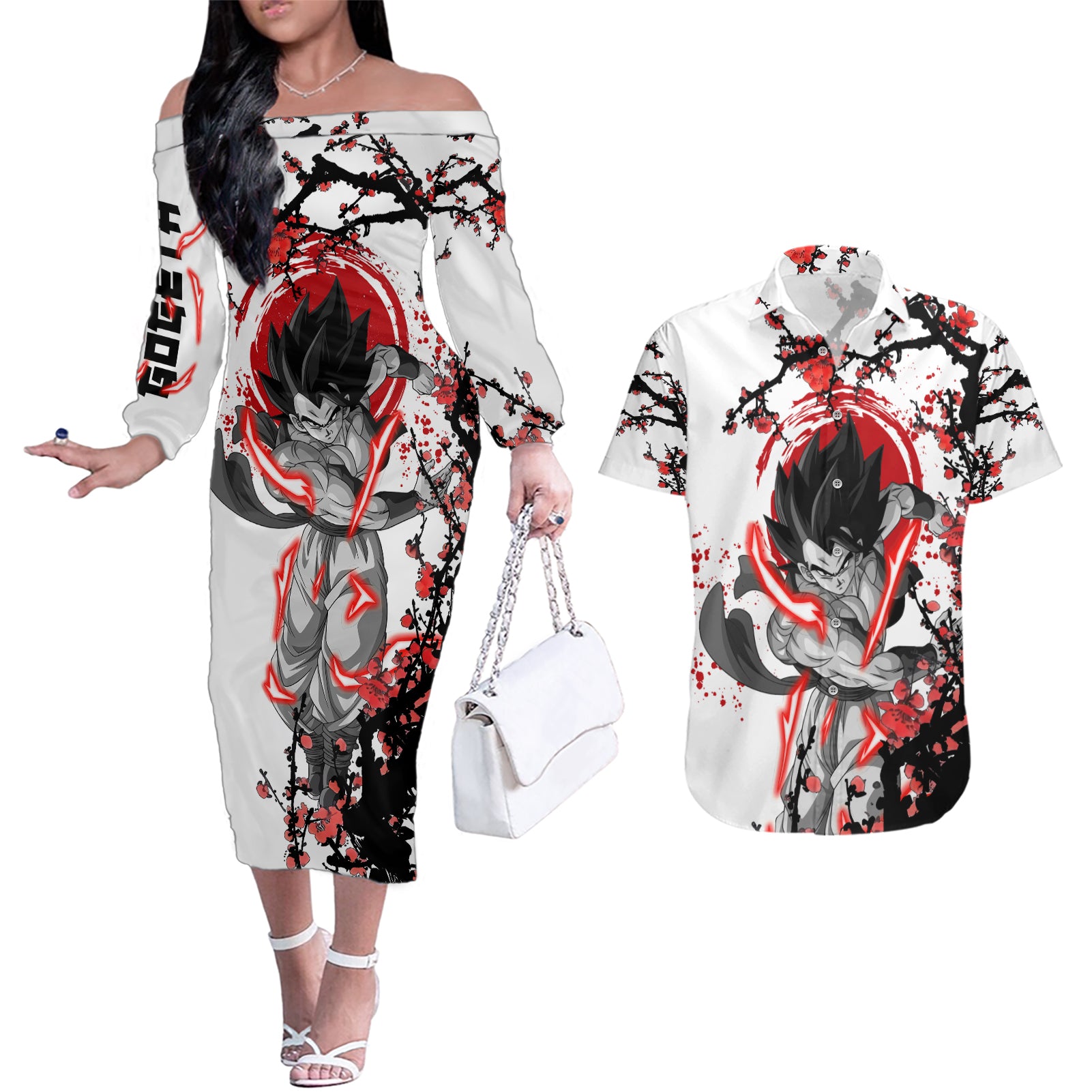 Gogeta - Japan Style Anime Couples Matching Off The Shoulder Long Sleeve Dress and Hawaiian Shirt