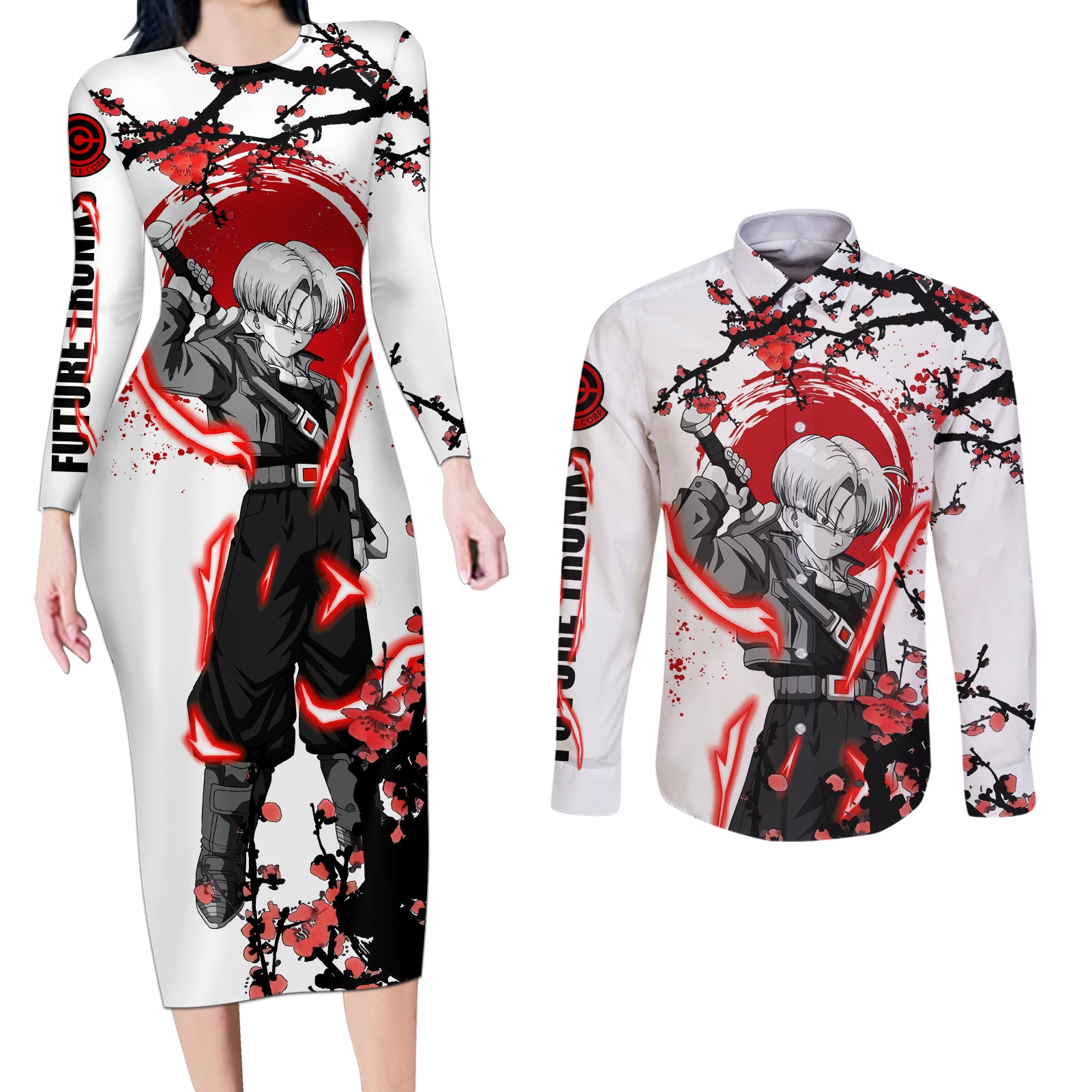 Future Trunks - Dragon Ball Japan Style Couples Matching Long Sleeve Bodycon Dress and Long Sleeve Button Shirt