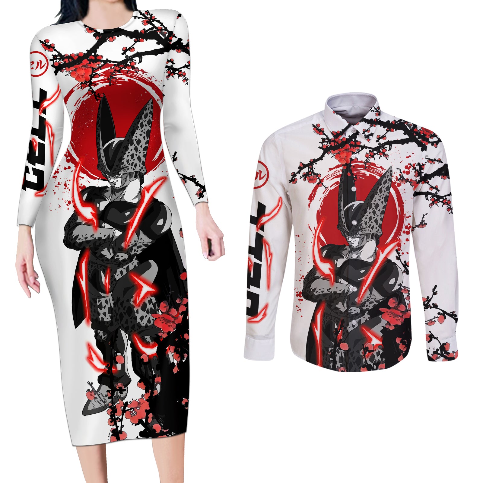 Perfect Cell - Style Anime Couples Matching Long Sleeve Bodycon Dress and Long Sleeve Button Shirt